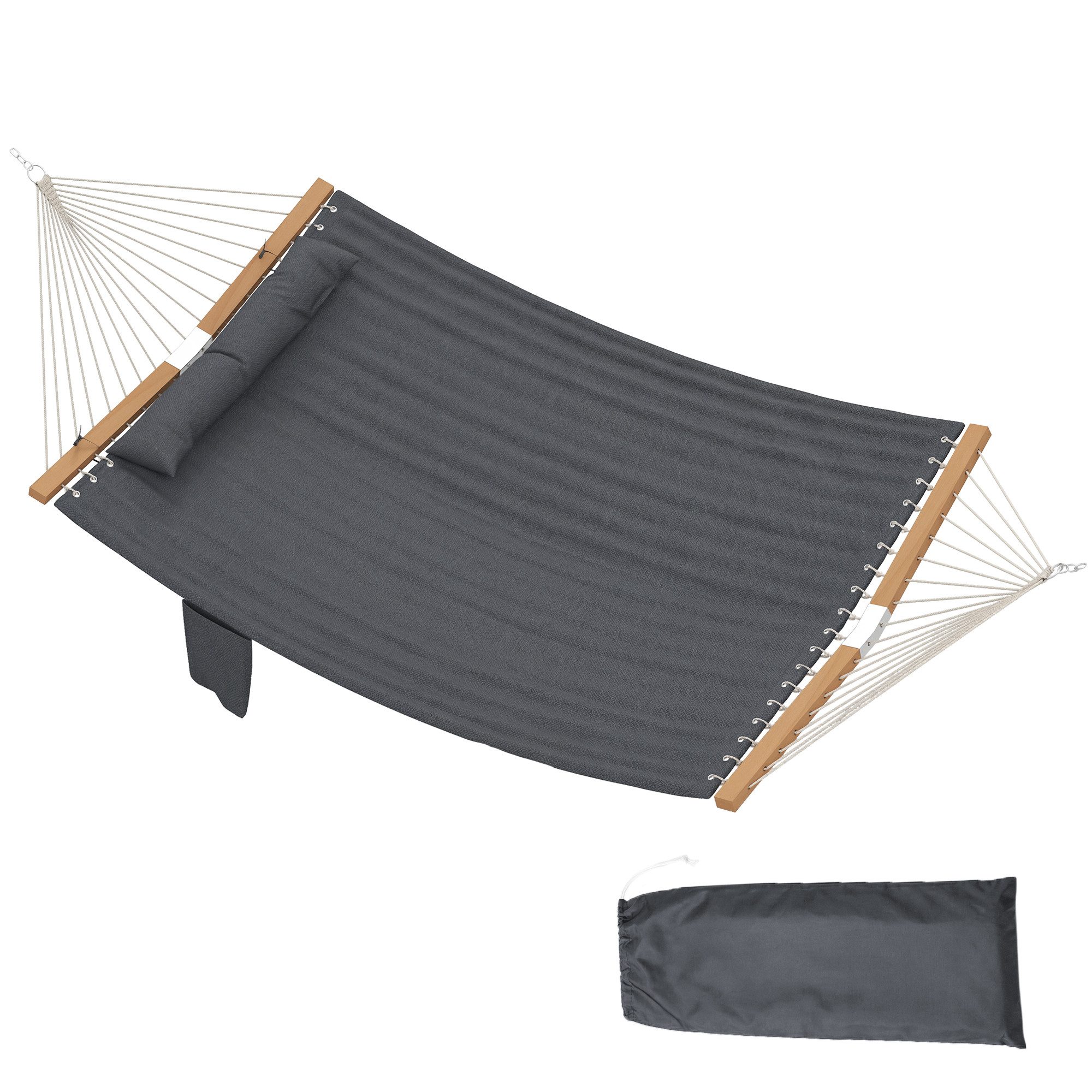 Outsunny Hängematte Outdoor 200x140cm, mit Kopfstütze Magazintasche Holzstäbe, bis 200kg (zweilagig, 1 St., Doppelhängematte), für Garten, Balkon, Terrasse Grau