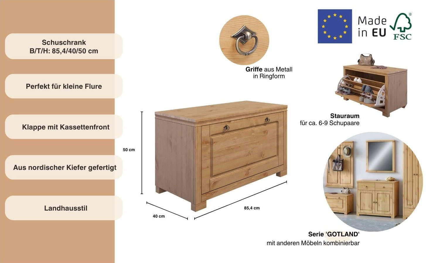 OTTO home Sitzbank Gotland inkl. Schuhtrommel für ca. 6-9 Paar Schuhe, aus massiver Kiefer, FSC®-zertifiziert, Breite 85 cm