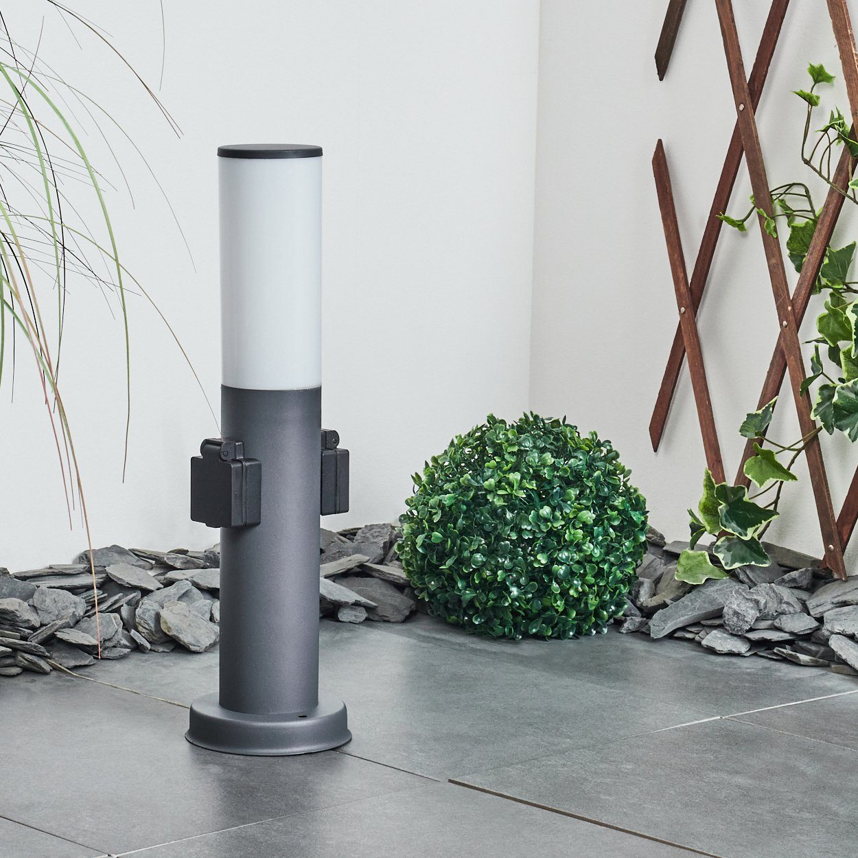 hofstein Pollerleuchte »Zogno« moderne Sockelleuchte aus Metall/Kunststoff in Anthrazit/Weiß, ohne Leuchtmittel, mit 2 Steckdosen, Wegeleuchte 45, 5cm, Gartenlampe mit E27, IP44