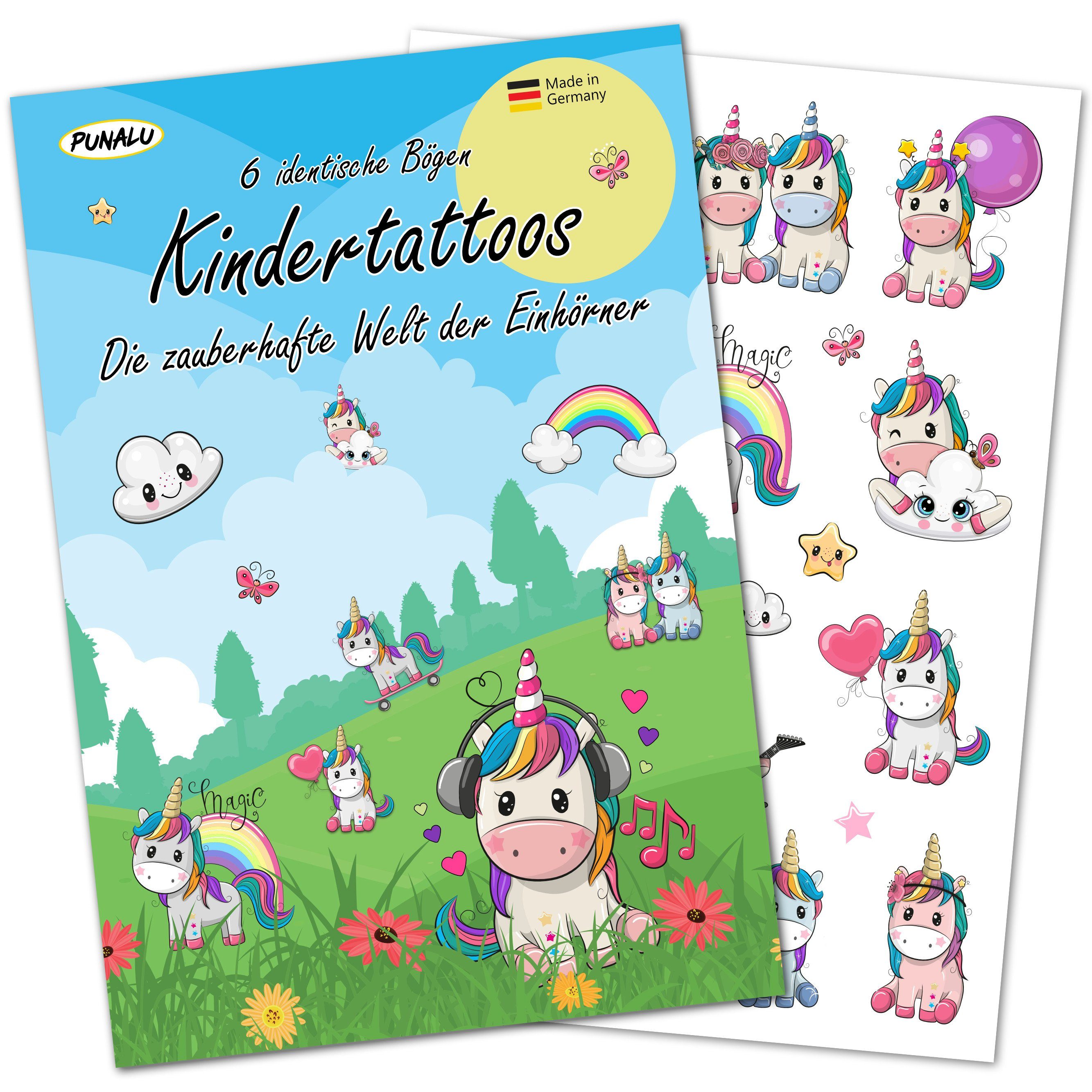 PUNALU Kindertattoo Einhorn Kindertattoos, Temporäre Tattoos für Kinder - Einhörner, hautfreundlich