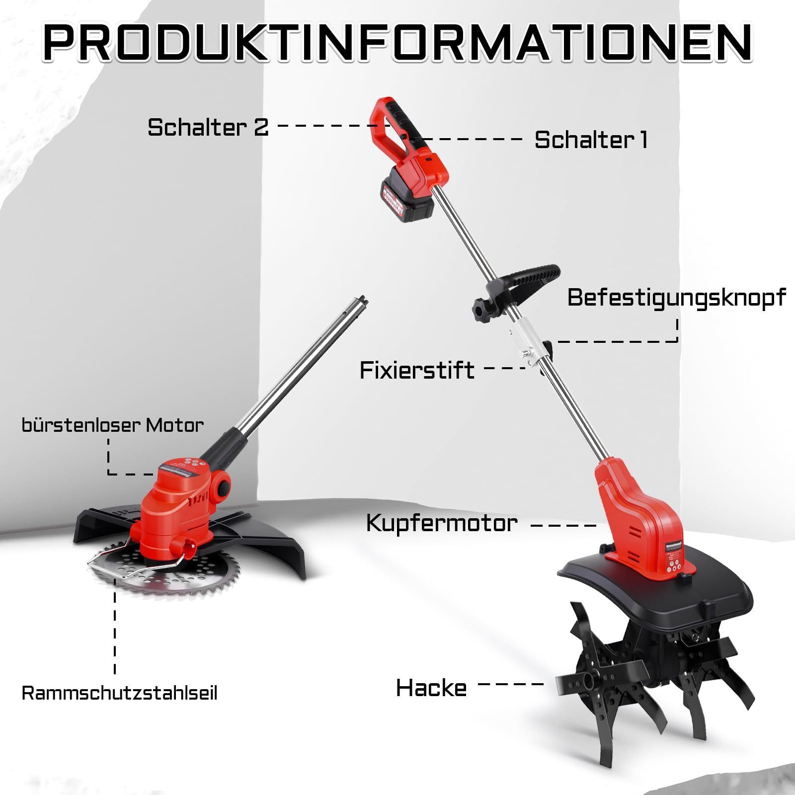 XERSEK Elektro-Rasentrimmer 2-IN-1 Li-Ion Akku Motorhacke Rasentrimmer Set günstig online kaufen