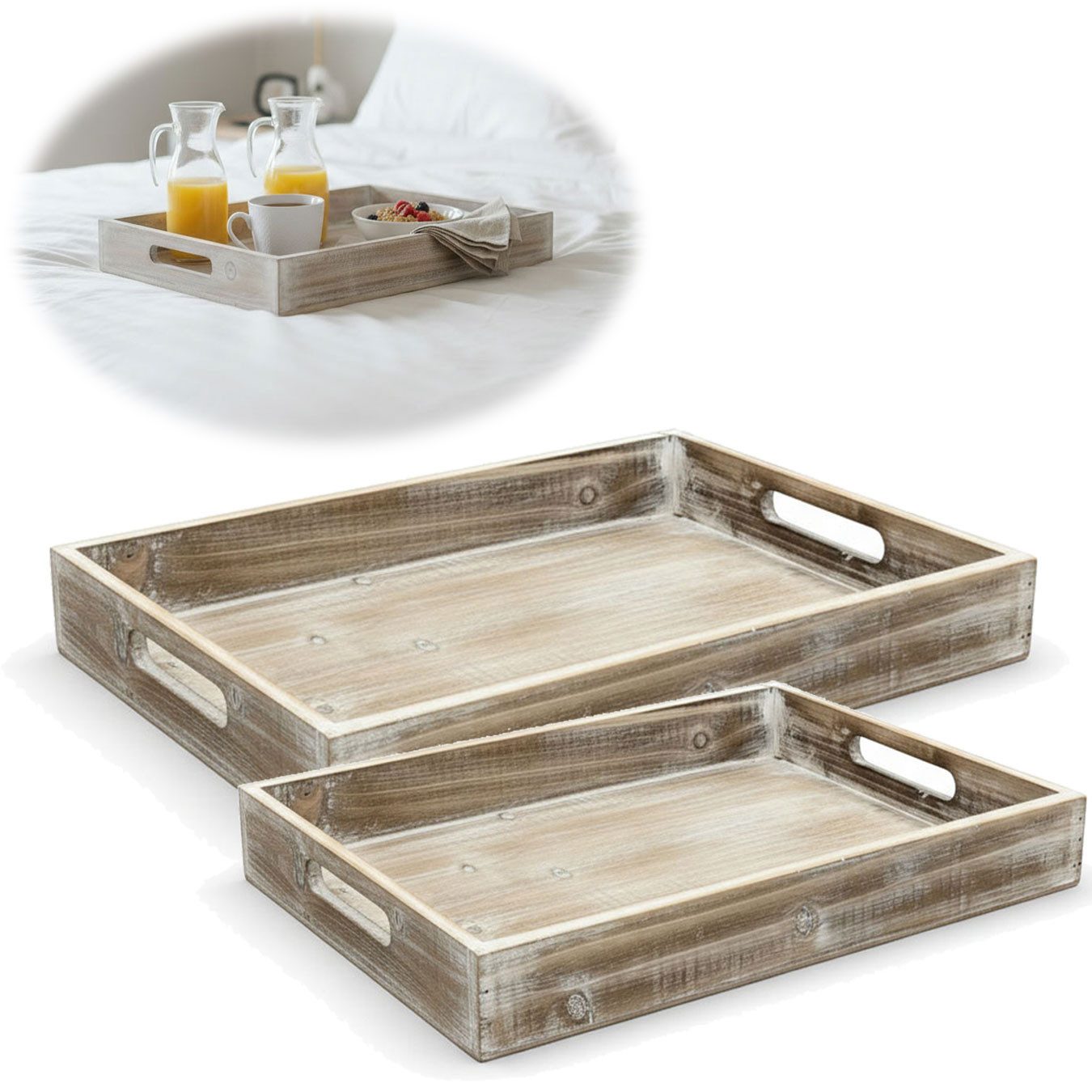 LS-LebenStil Tablett Vintage Serviertablett 40x25x5cm Grau Braun gekalkt Holz Tablett Griff, Holz, (1-tlg., Küchentablett Frühstückstablett Betttisch Betttablett Kerzentablett), erhöhter Rand Geflammt Teetablett Frühstück Geschirr Getränke Deko