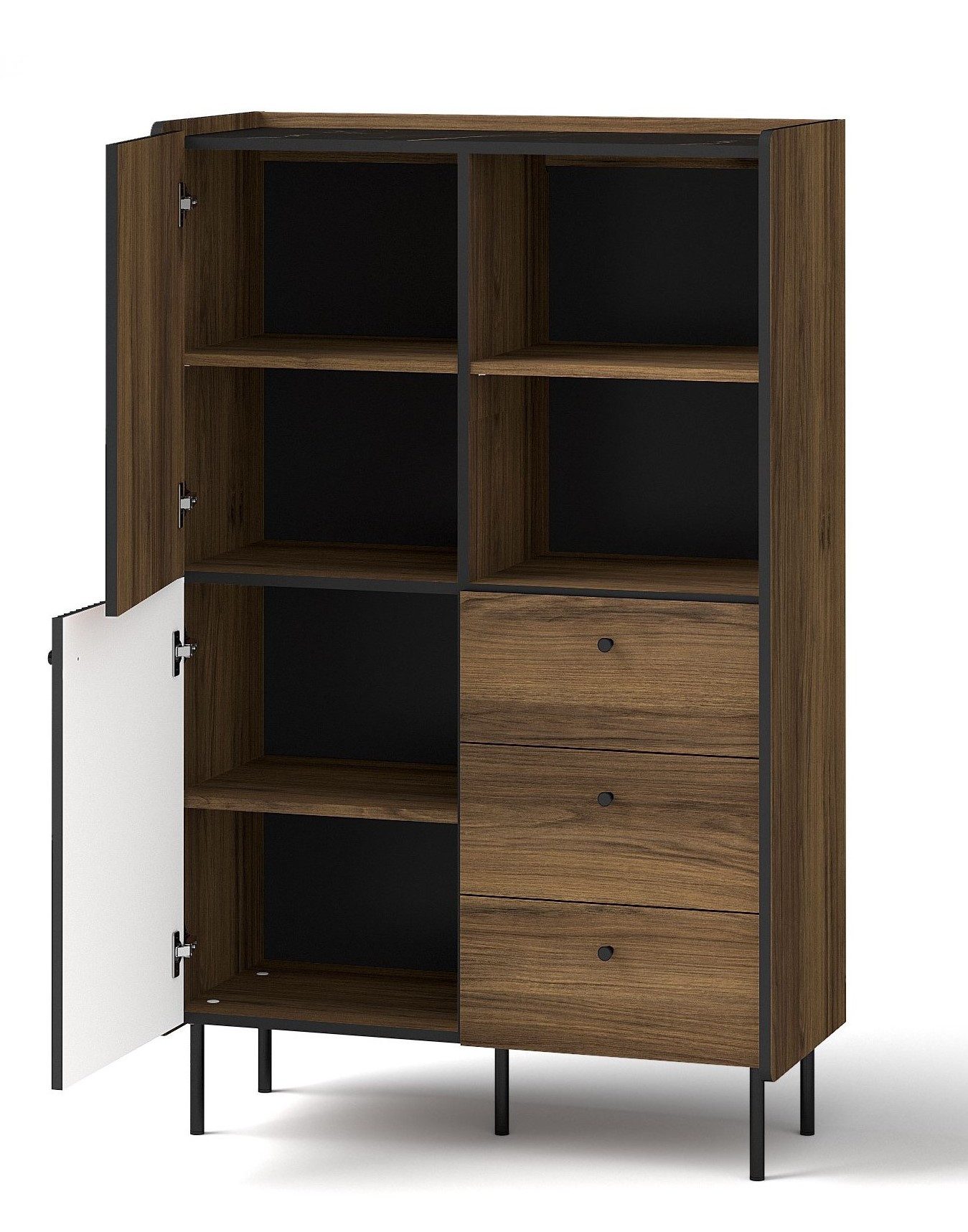 99rooms Highboard Gostin (Sideboard, Highboard, Schubladenkommode), Modern Design, 3 Schubladen, 4 Fächer, 4 Einlegeböden, 2 offene Fächer