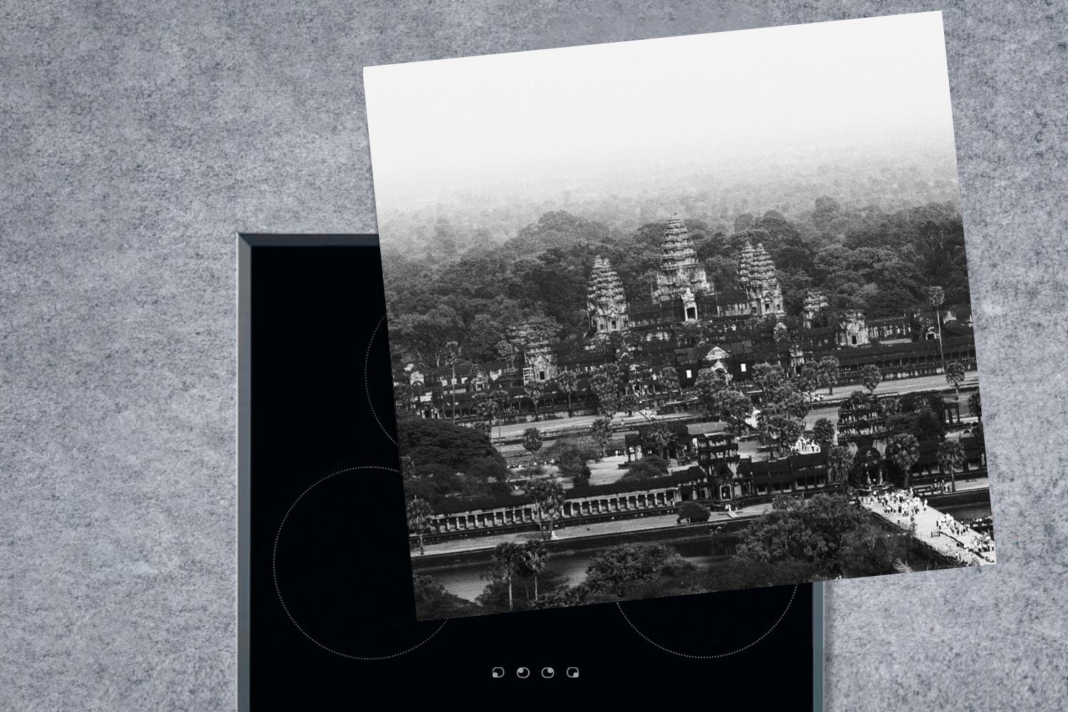 cm, küche Arbeitsplatte tlg), für Wat Angkor Ceranfeldabdeckung, schwarz-weiß, MuchoWow in Herdblende-/Abdeckplatte 78x78 Vinyl, oben (1 von