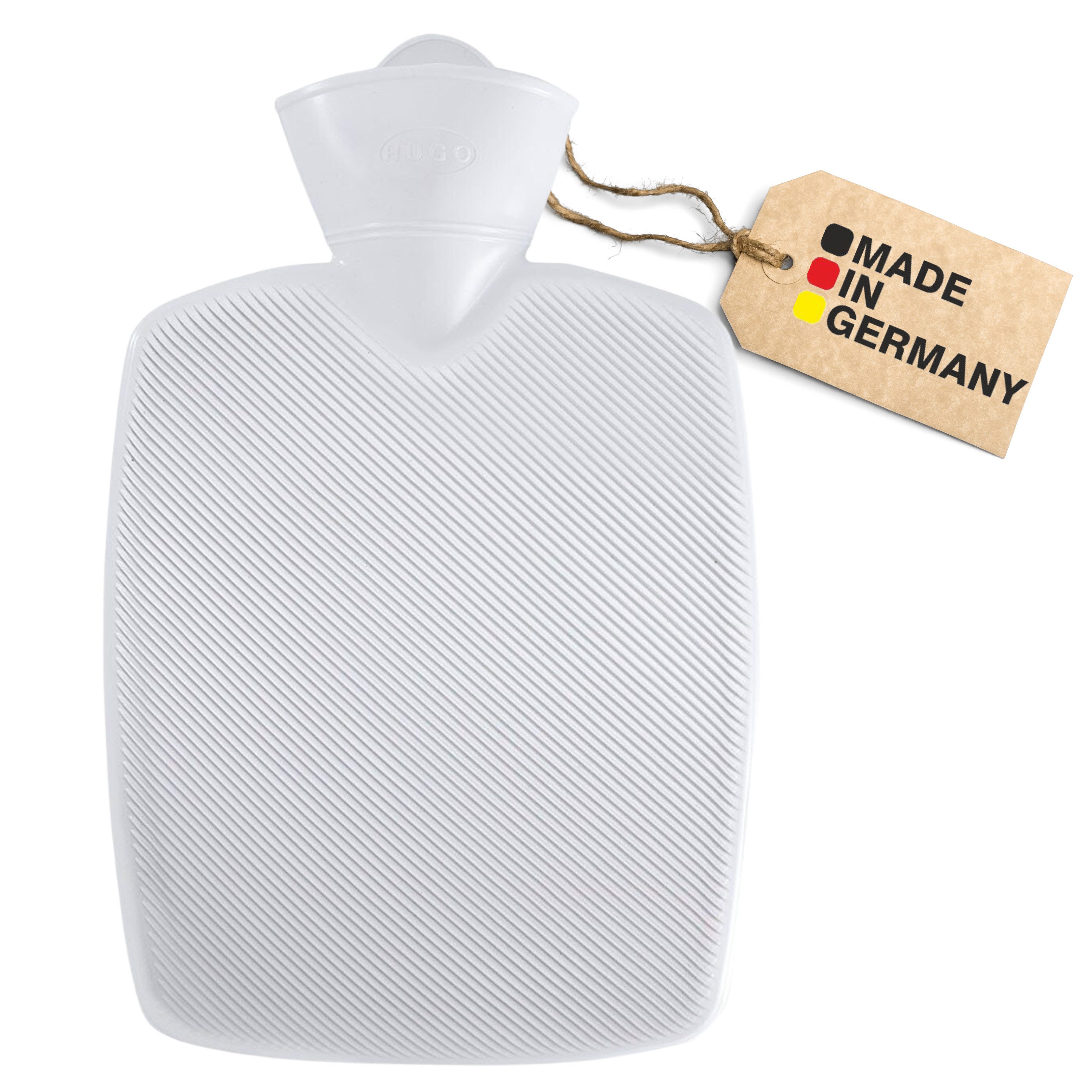 Hugo Frosch Wärmflasche Klassik 1,8 l Halblamelle Made in Germany, Weiß - langlebige, auslaufsichere Bettflasche mit XL-Haltelasche