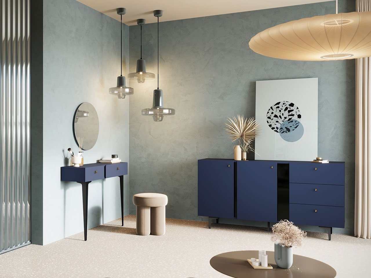 MIRJAN24 Wohnzimmer-Set Colours V, Griffe Konsolentisch, Spiegel), Kombikommode, und Metall Marineblau (Komplett-Set, aus Füße