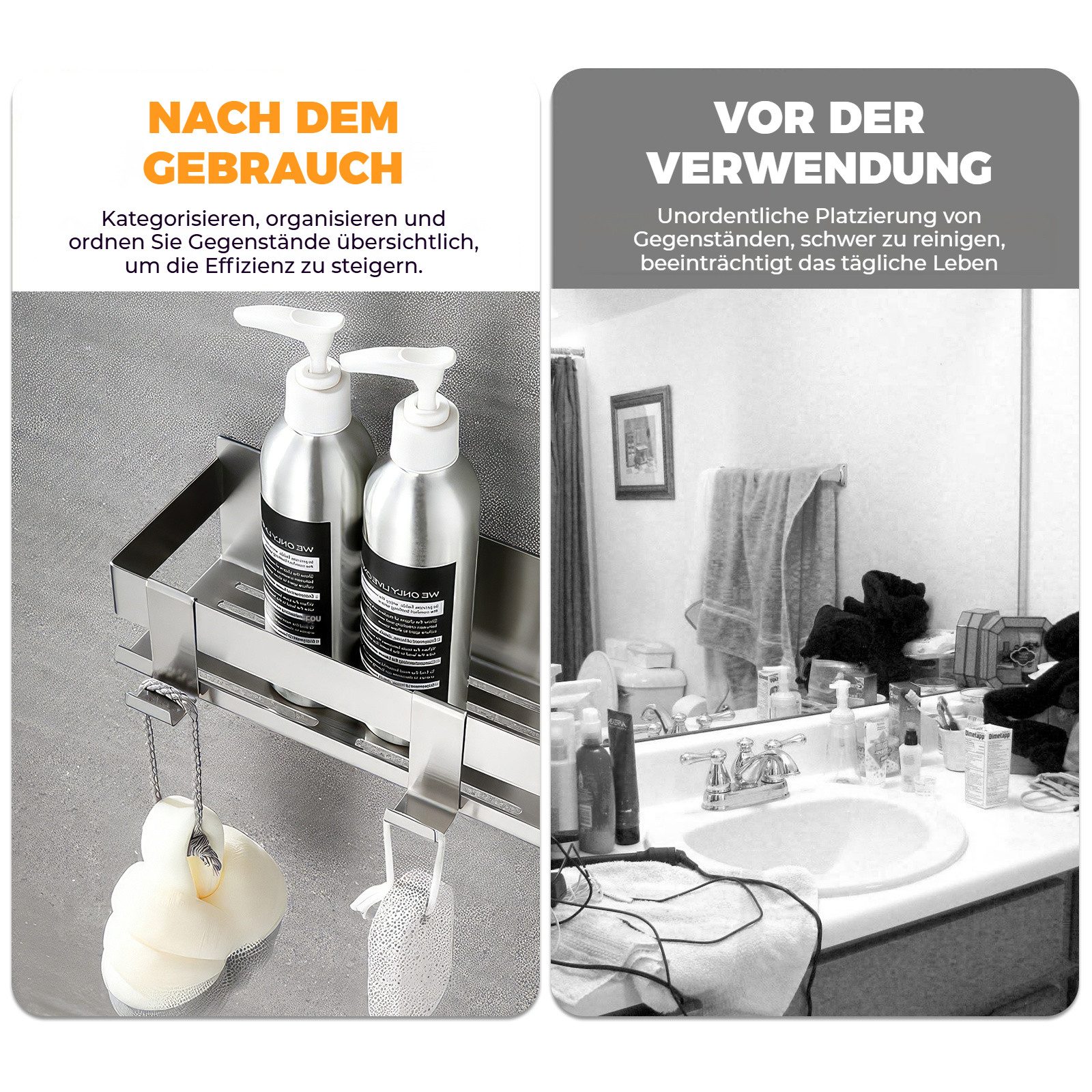 BlingBin Duschregal Edelstahl Wandmontage Duschablage mit 2 Haken Ohne Bohren, 1er Set, Selbstklebendes Badezimmer Duschregal für Badezimmer, Küche, Toilette