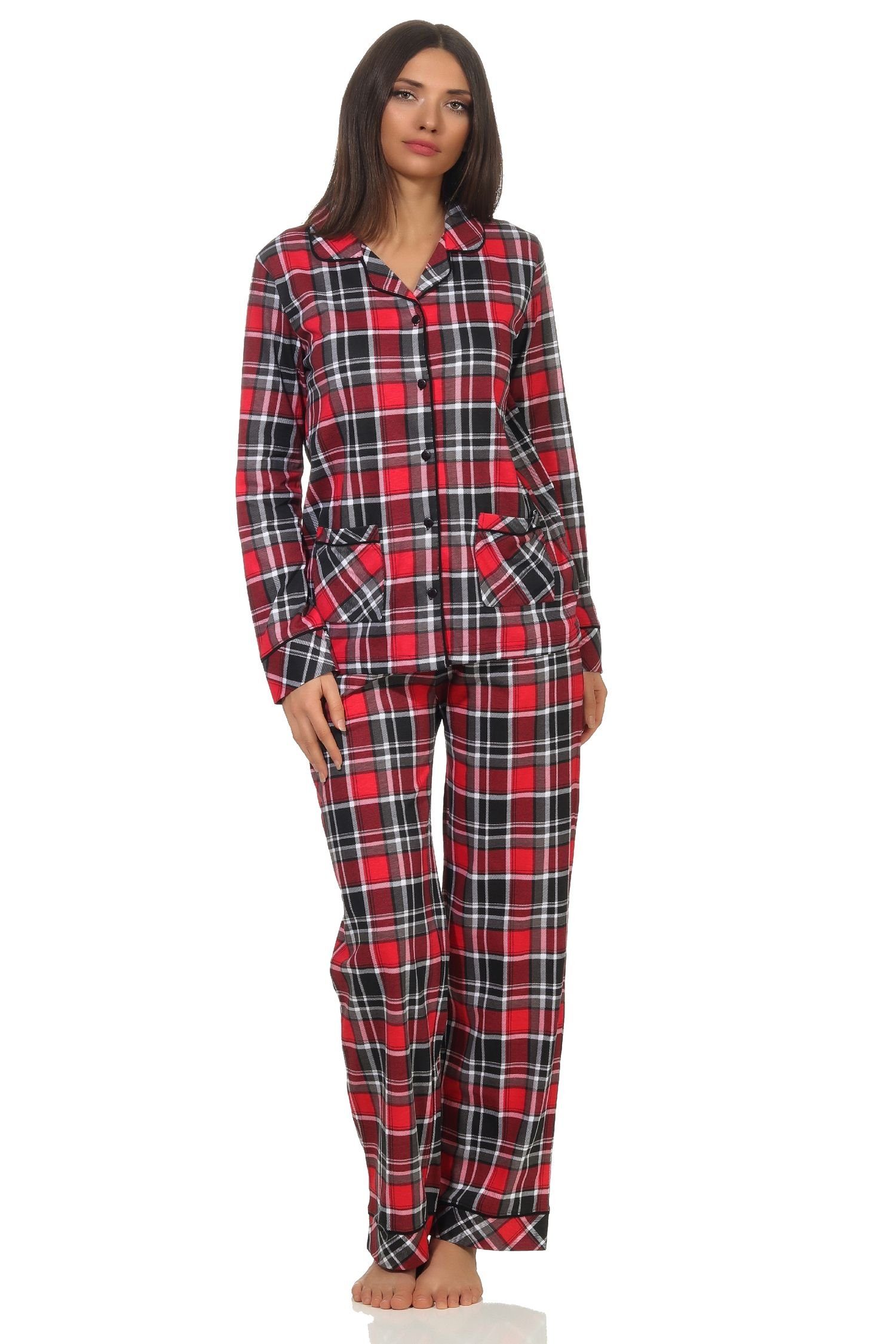 Normann Pyjama Damen Single in durchknöpfen Optik Karo Pyjama Jersey in Qualität zum