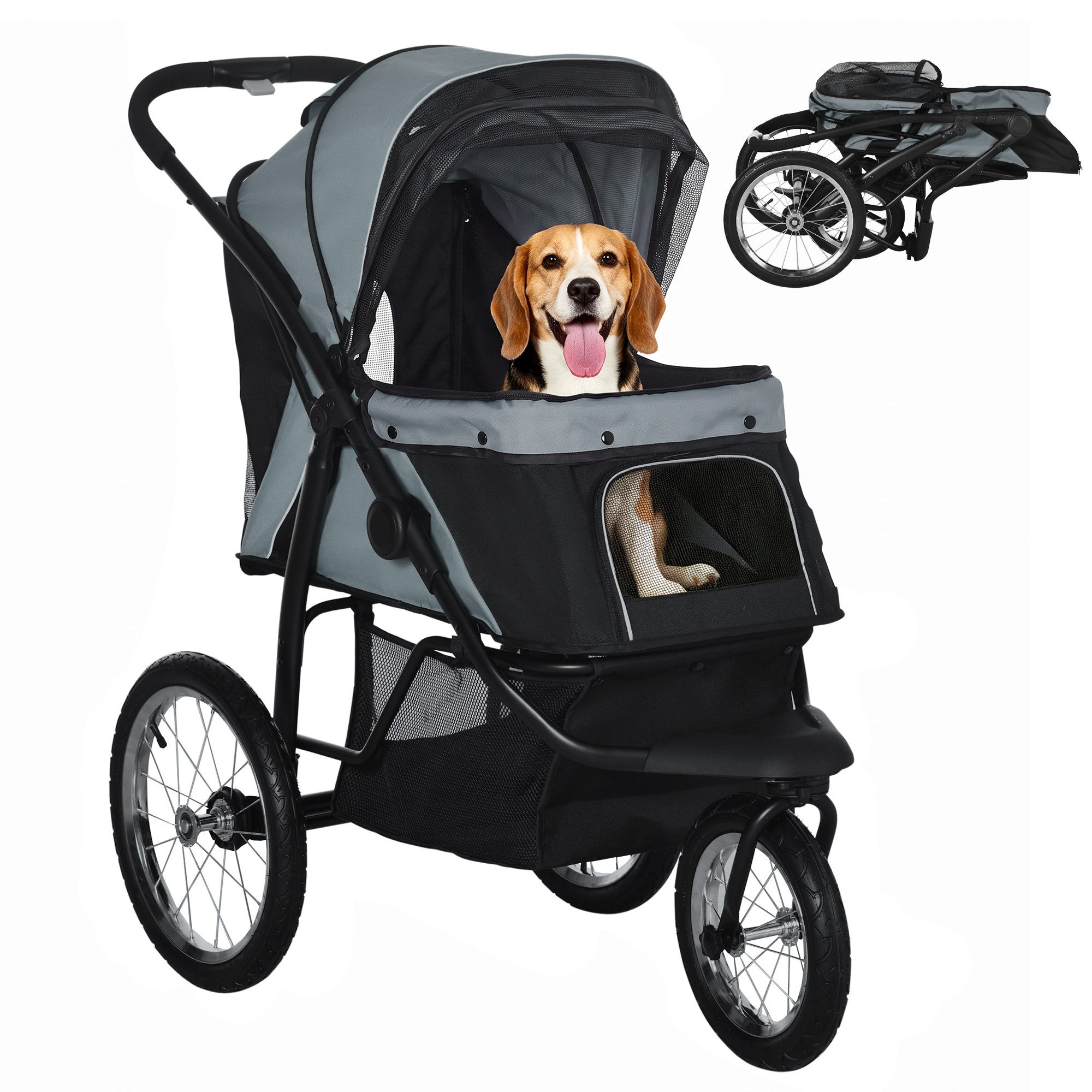 PawHut Hundebuggy Katzenwagen mit geländegängige Gummiräder Kissen Buggy, (Hundewagen, 1-tlg), für Hunde & Katzen bis 20 kg, Grau – Bild 2 von 5