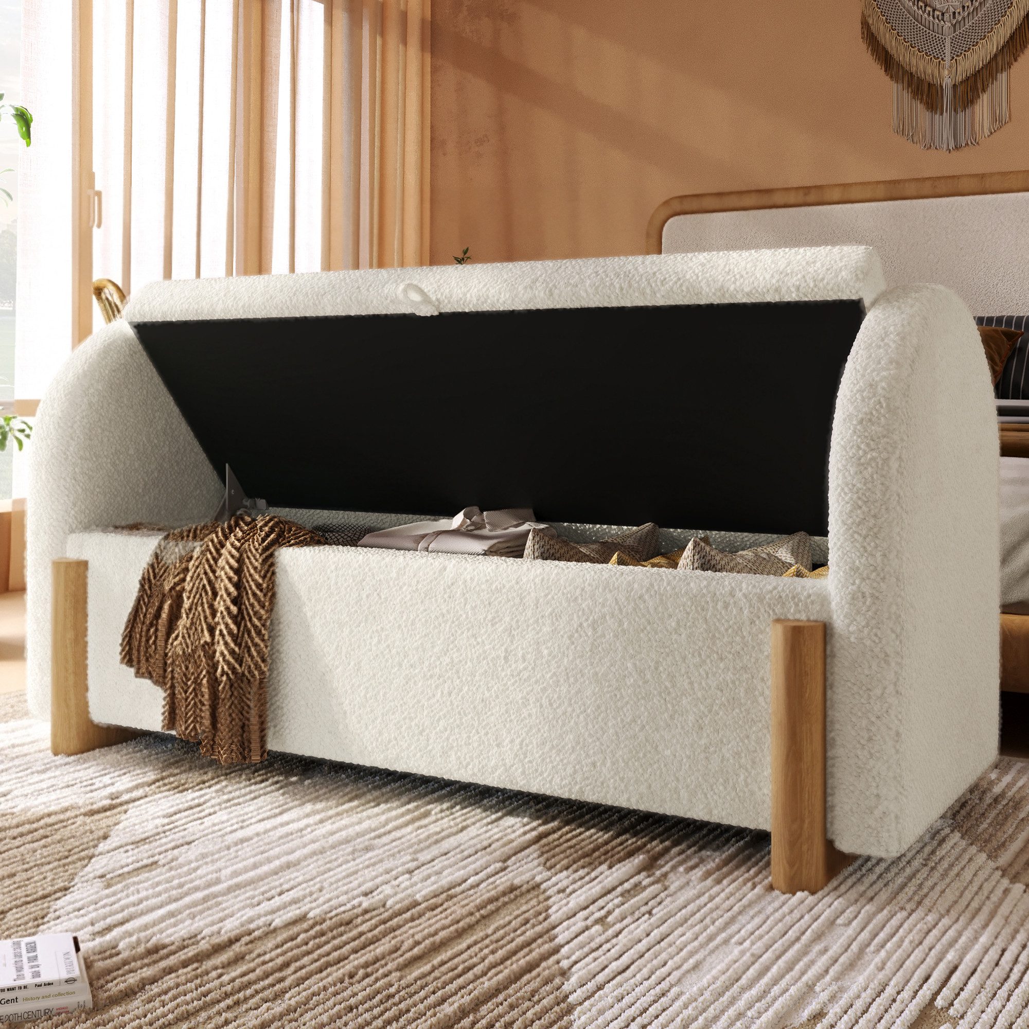 HAUSS SPOLE Bettbank mit U-Form Holzbeine,106x47x61 Sitzbank Polsterbank mit Stauraum,Weiß (Polsterbank mit Aufbewahrungsfunktion), Truhenbank Multifunktionsbank Soft-Close-Funktion für Wohnbereich