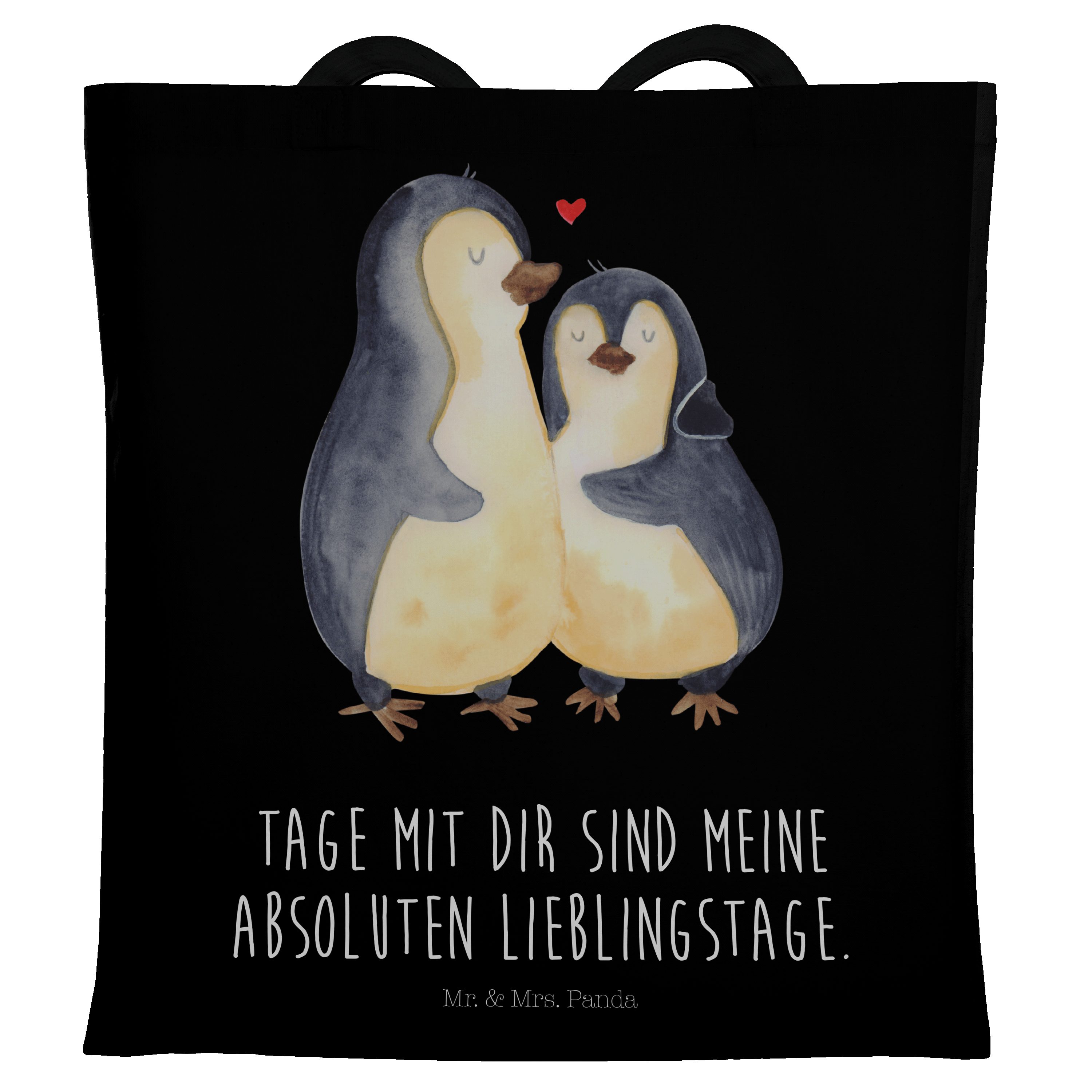 Mr. & Mrs. Panda Tragetasche Pinguin umarmen - Schwarz - Geschenk, Paar, Shopper, Liebespaar, Tasc (1-tlg)