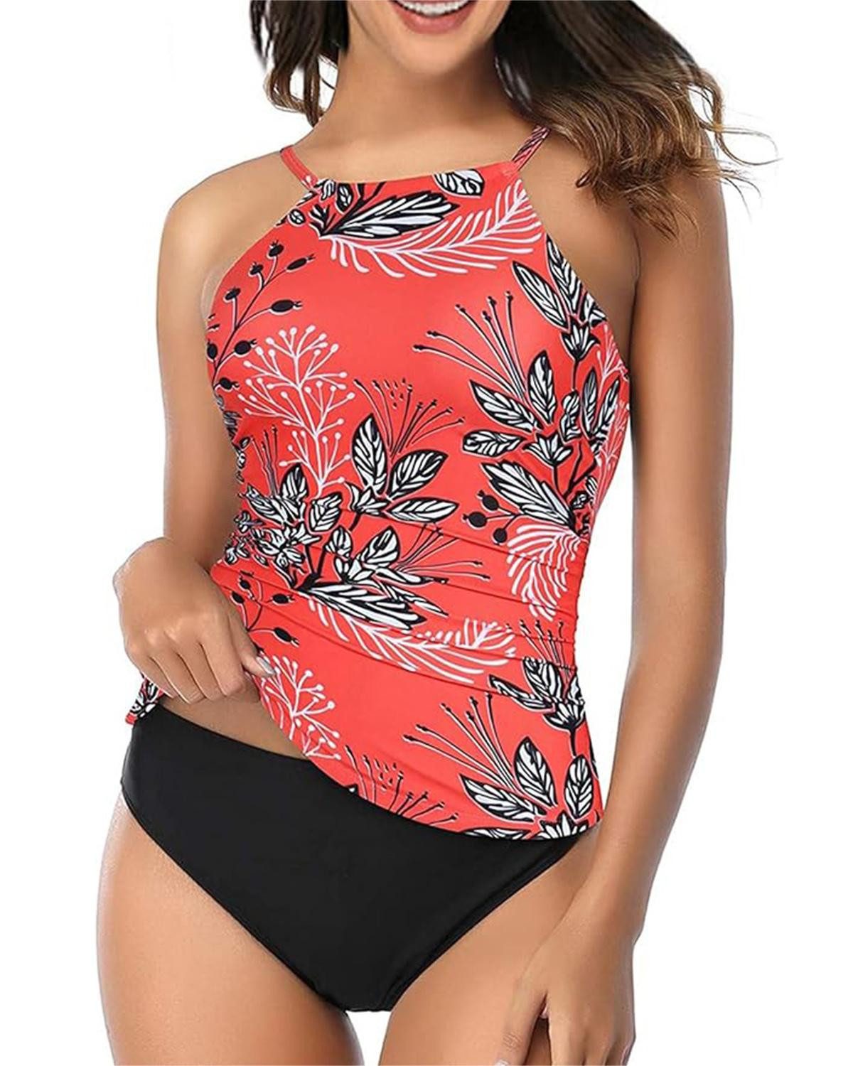 B.X Badekleid Damen Zweiteiliger hohe Taille Bauch einziehen Tankini-Badeanzug Sexy und modischer Neckholder Badean,Oversize-Tankini, Straps-Badeanzug