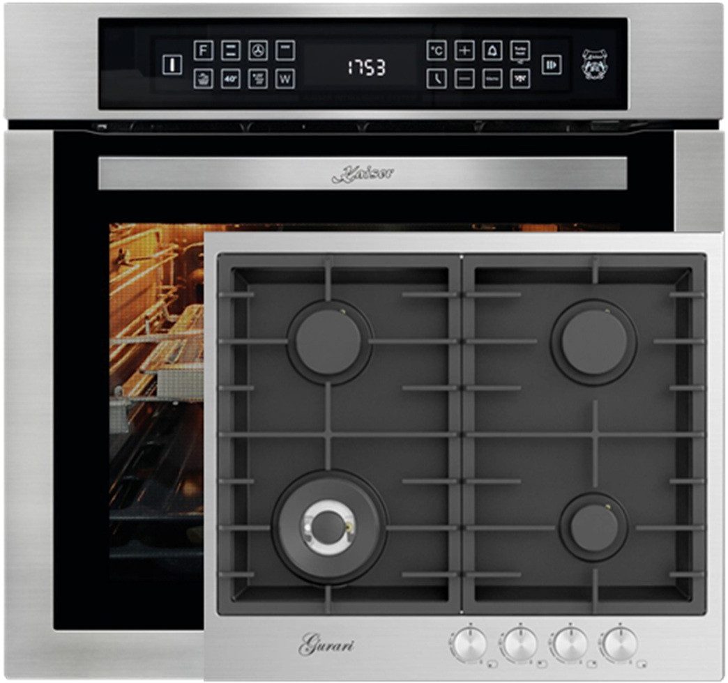 Kaiser Küchengeräte Backofen-Set Herd Set Autark Einbaubackofen,Edelstahl,79L 15 Fkt., 60 cm+Gas-Kochfeld 60 cm, Edelstahl - Schwarz 4,0 KW WOK, 4 Gasbrenner EH 6306 R+TX604VTGL, mit 1-fach-Teleskopauszug