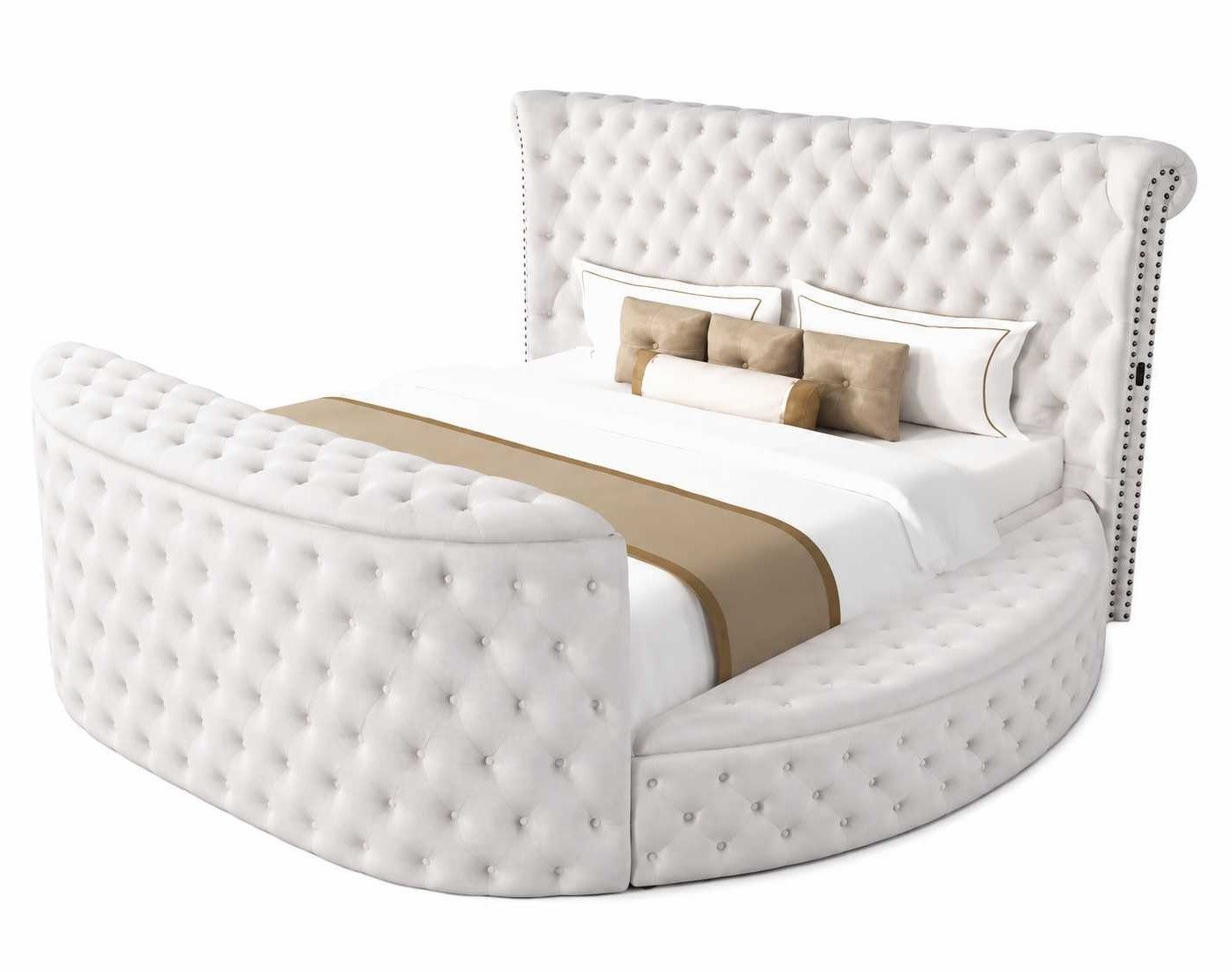Xlmoebel Multimediabett Elegantes Chesterfield Bett in Weiß mit Knopfheftung (1-tlg., 1-tlg), Elekrischer Kamin mit integriertem TV-Wandhalterung