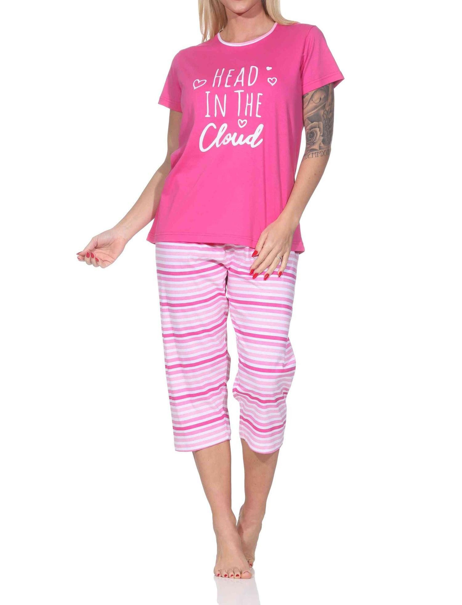 Normann Pyjama Normann Damen Schlafanzug kurzarm mit gestreifter Capri-Pyjamahose
