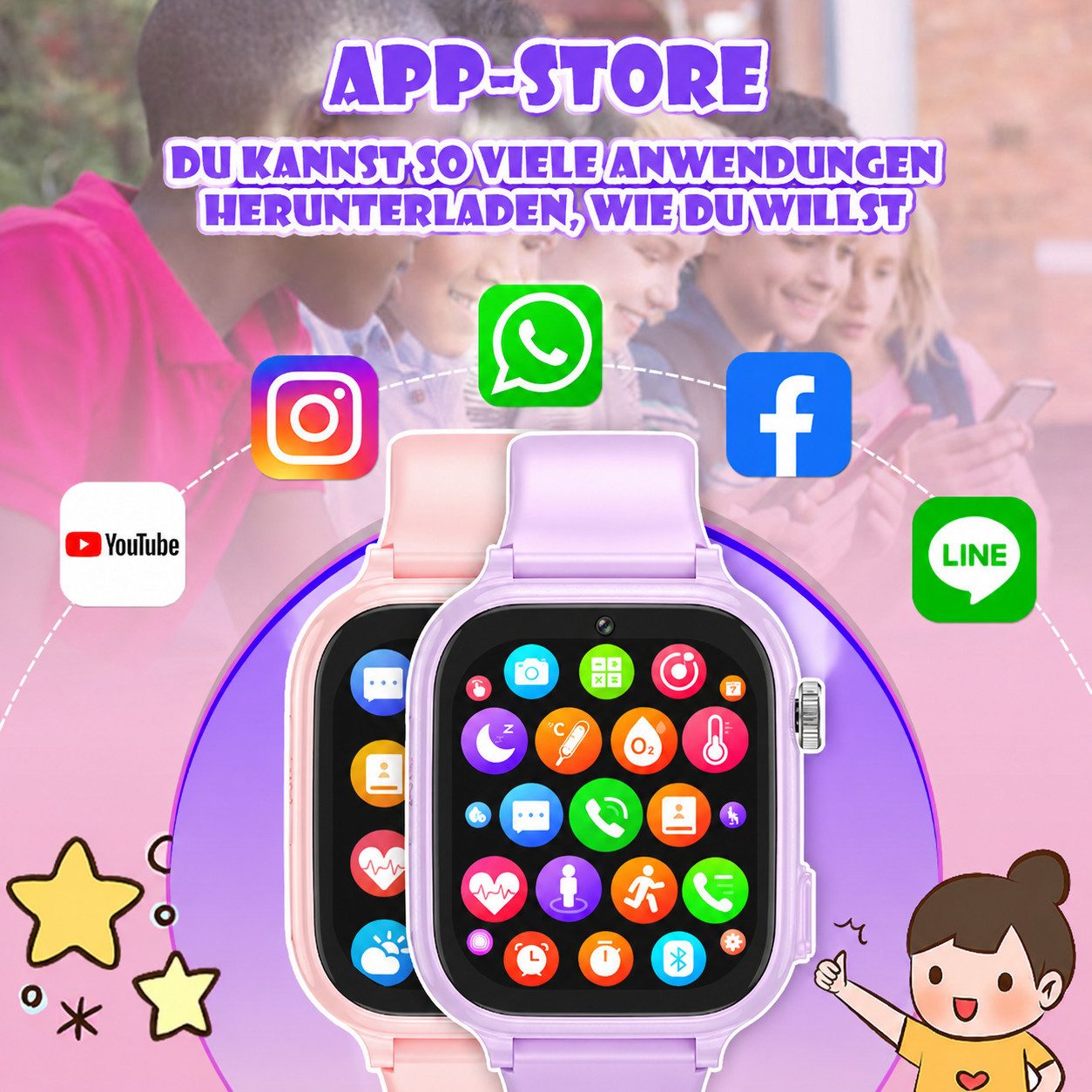 Vashoy 2026 Kinderuhr T53Neue Smartwatch Kinder mit GPS, Kameras, Smartwatch (5 cm/1.83 Zoll, Android/4G (LTE) 4G Telefonfunktionen Smartwatch, 7-tlg., Schulmod – Bild 4 von 5