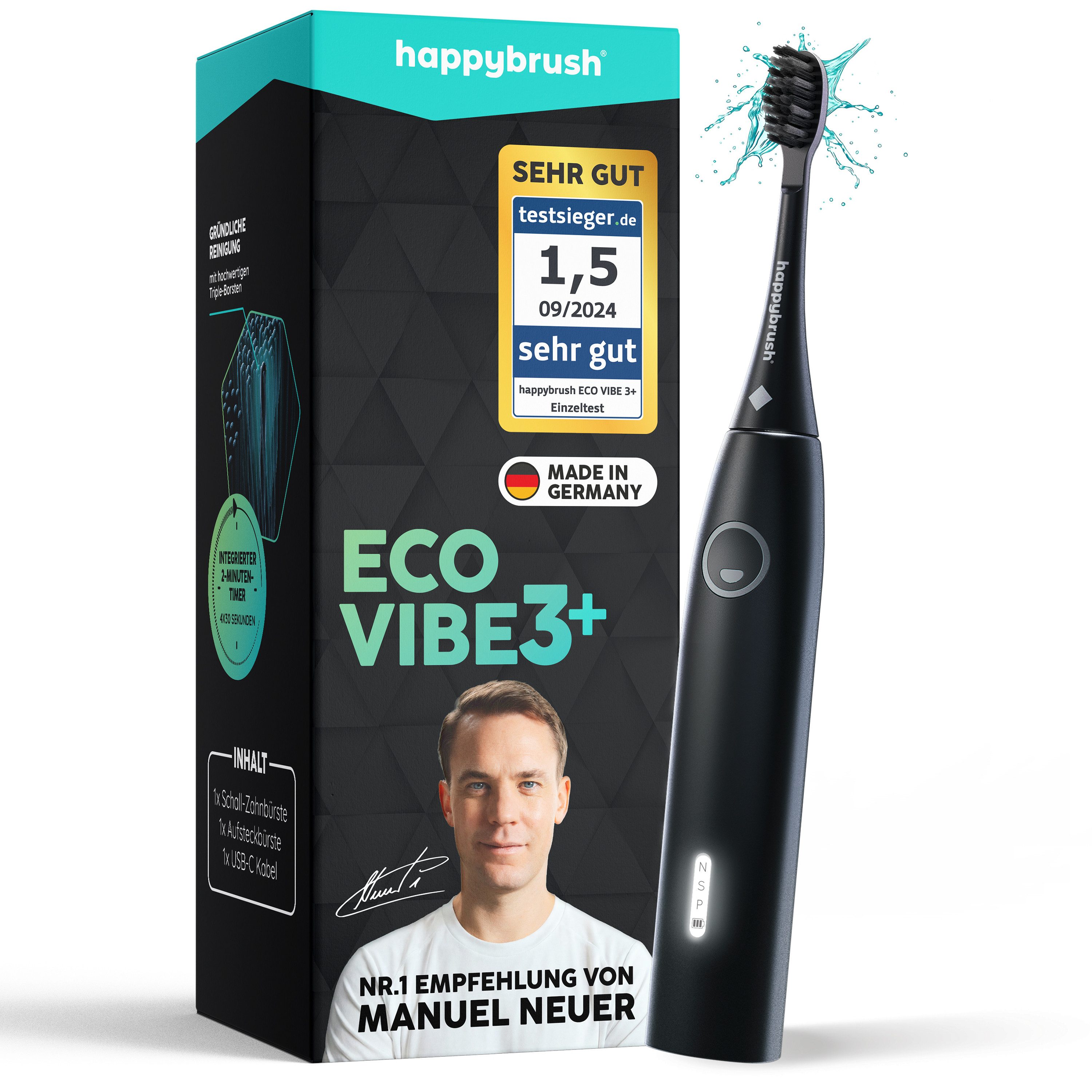 happybrush Schallzahnbürste Eco Vibe 3+ AllBlack - 100 Tage Probeputzen - 8 Wochen Power Akku, Aufsteckbürsten: 1 St., Eco Vibe 3+, 3 individuelle Putz-Modi, Schalltechnologie