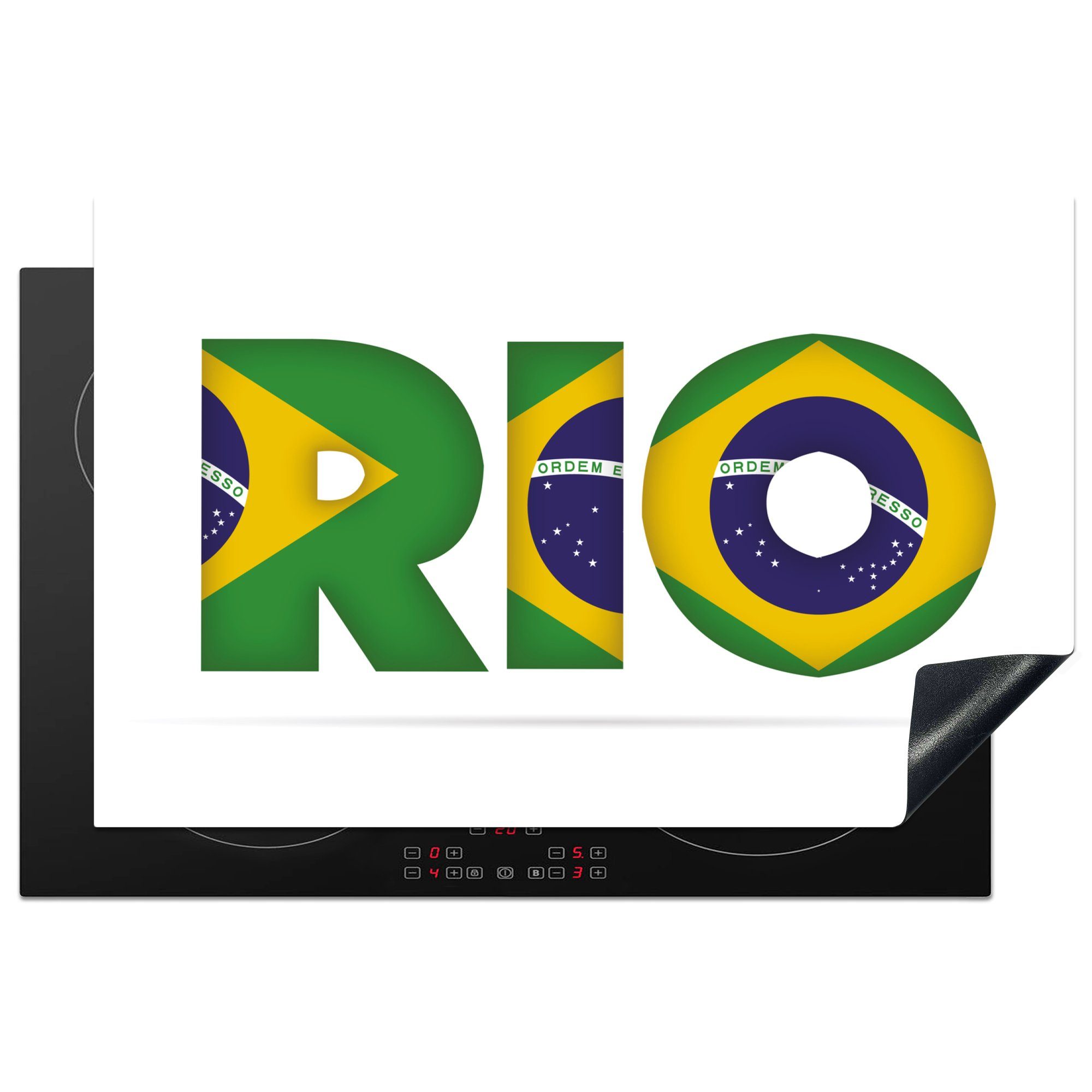 MuchoWow Herdblende-/Abdeckplatte Illustration des Textes Rio in der brasilianischen Flagge, Vinyl, (1 tlg), 81x52 cm, Induktionskochfeld Schutz für die küche, Ceranfeldabdeckung
