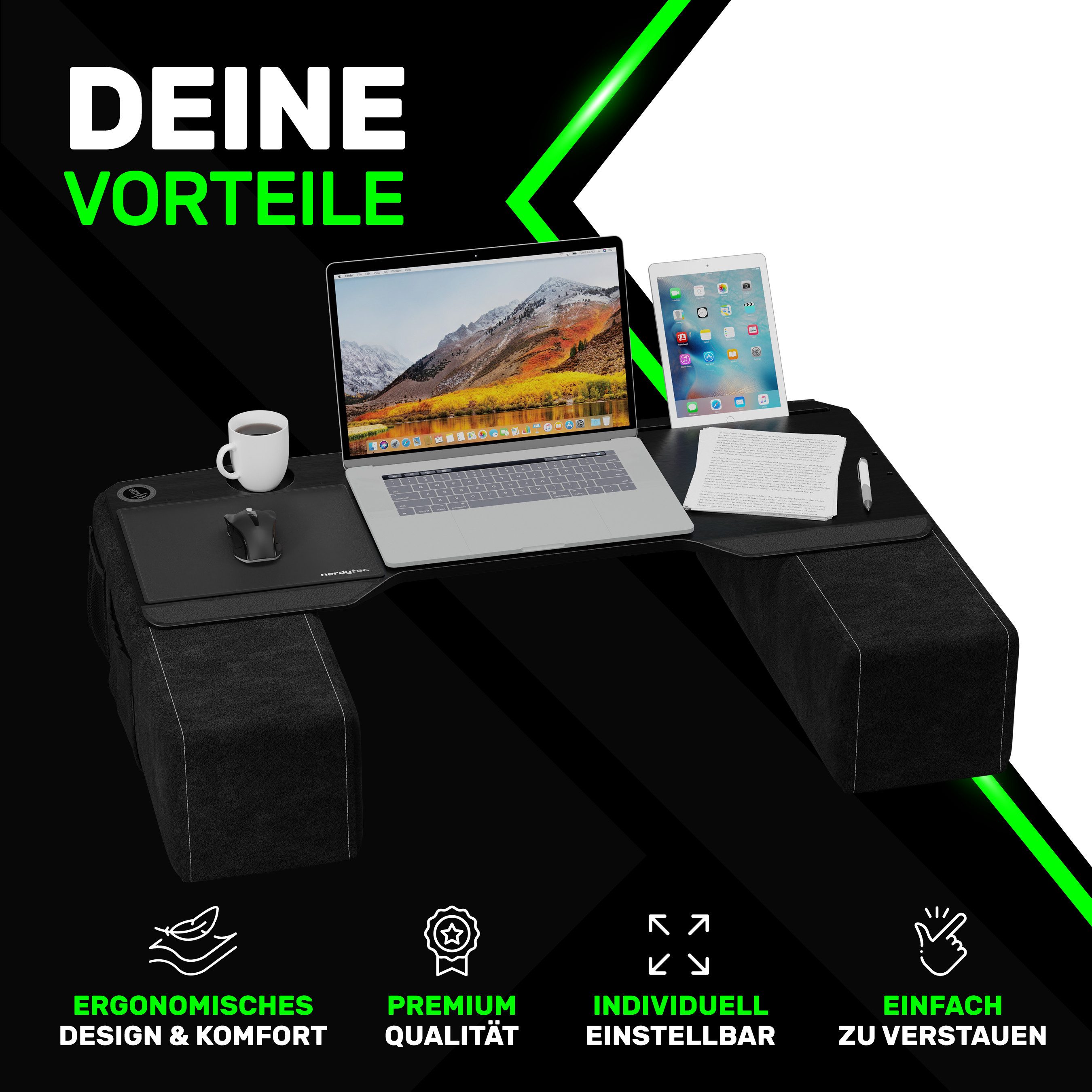 COUCHMASTER Computertisch CYBOSS - Ergonomisches Lapdesk für Home Office und Gaming, extra groß (1 CYBOSS Bambus Lapboard, 2 Kissen), Extra großes Lapboard ca. 100 cm x 39 cm