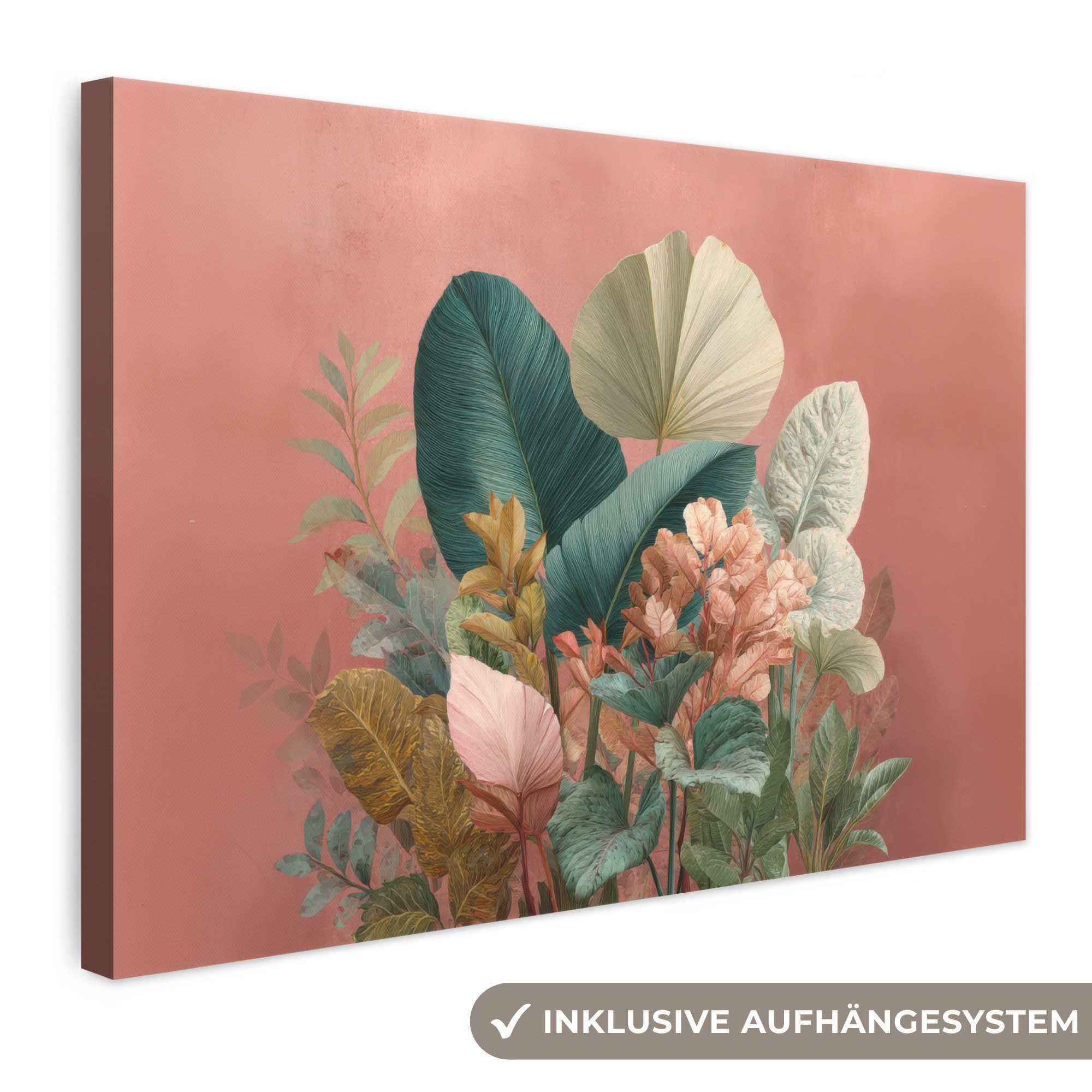 OneMillionCanvasses® Leinwandbild Tropische Blätter - Blumen - Rosa - Grün, Fotodruck (1 St), Leinwand Bilder Klein, Wand Dekoration Aesthetic 30x20 cm