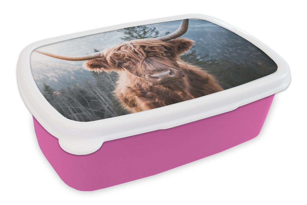 MuchoWow Lunchbox Schottischer Hochländer - Kuh - Tiere - Berg - Natur, Kunststoff, (2-tlg), Brotbox für Erwachsene, Brotdose Kinder, Snackbox, Mädchen, Kunststoff rosa