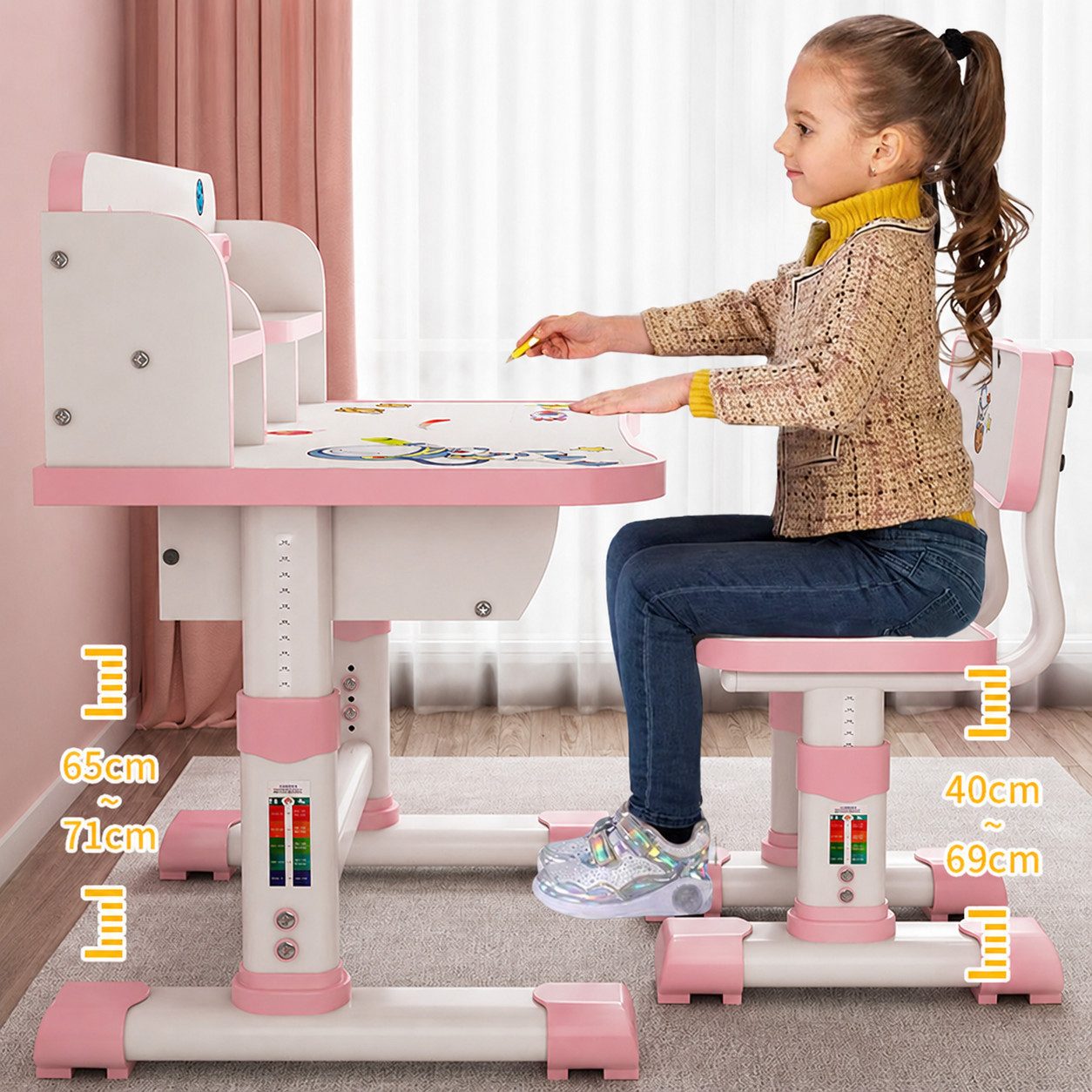 Rutaqian Kinderschreibtisch Kinderschreibtisch mit Stuhl höhenverstellbar, ergonomisches Lernset, Mit Schublade, Bücherfach und verstellbarer Rückenlehne