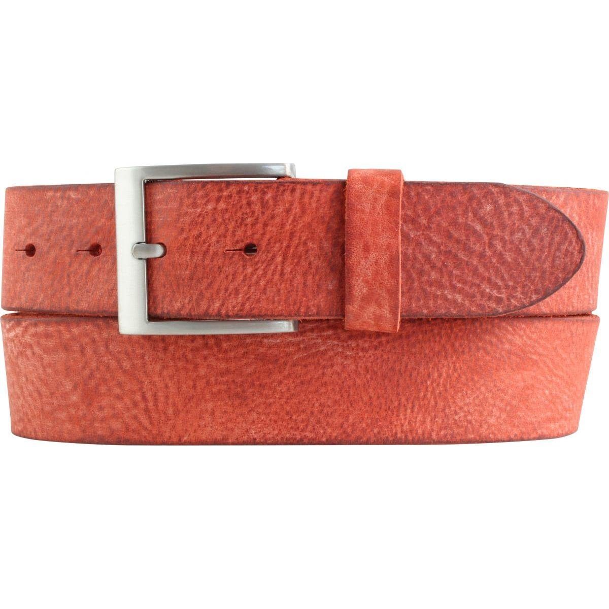 BELTINGER Ledergürtel Herren-Gürtel aus weichem Vollrindleder Vintage-Look 4 cm - Jeans-Gürt weiches Leder, Gürtelschnalle in Altsilber, Vintage Rot, Silber