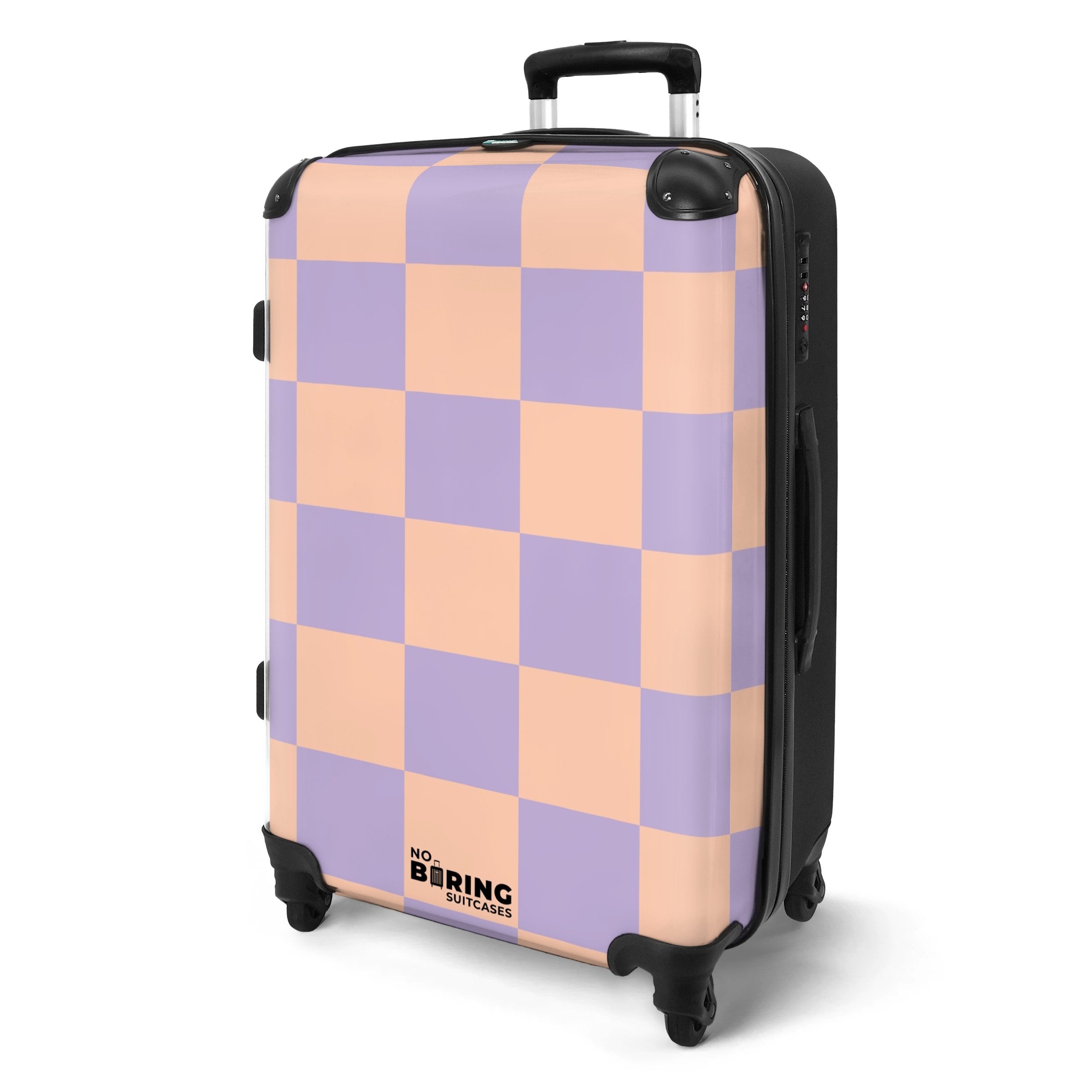 NoBoringSuitcases.com© Hartschalen-Trolley Lila mit rosa Schachbrettmuster günstig online kaufen