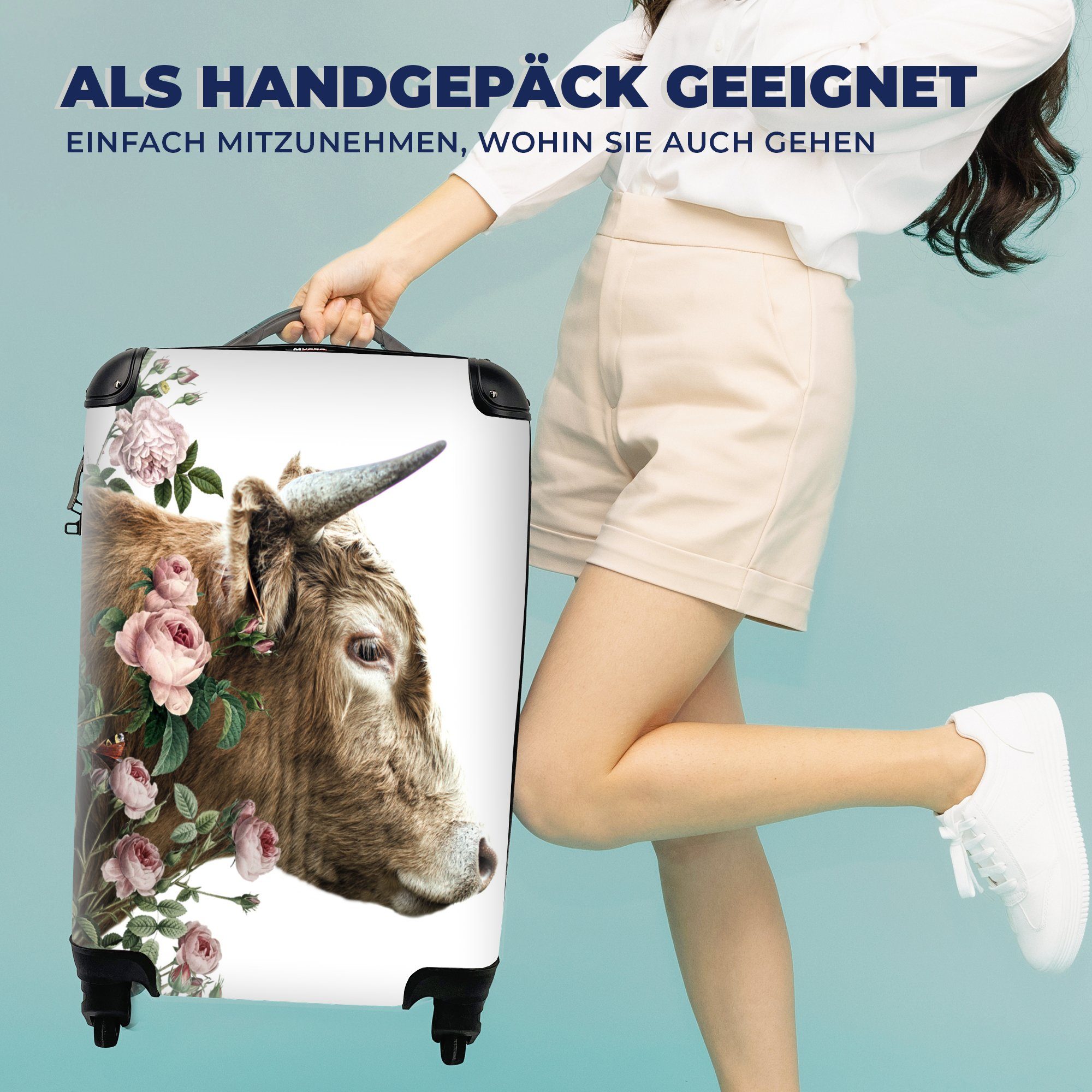 - MuchoWow Blumen, Rollen, Handgepäckkoffer rollen, - Kuh Ferien, für Reisetasche Highlander Reisekoffer mit 4 Schottischer Handgepäck Trolley,