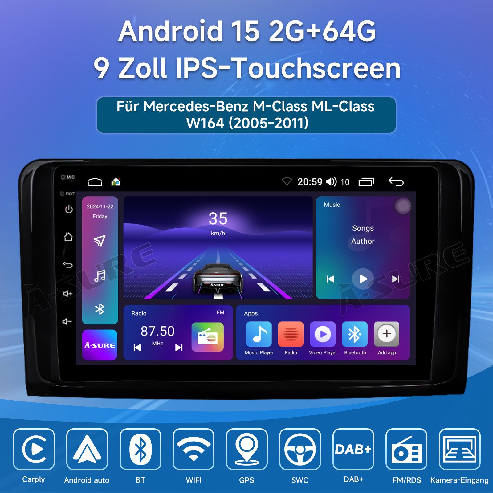 A-Sure 2+64GB Android 15 Für Mercedes Benz ML/GL Klasse W164 X164 Autoradio (Digitalradio (DAB), USB, FM, AM)