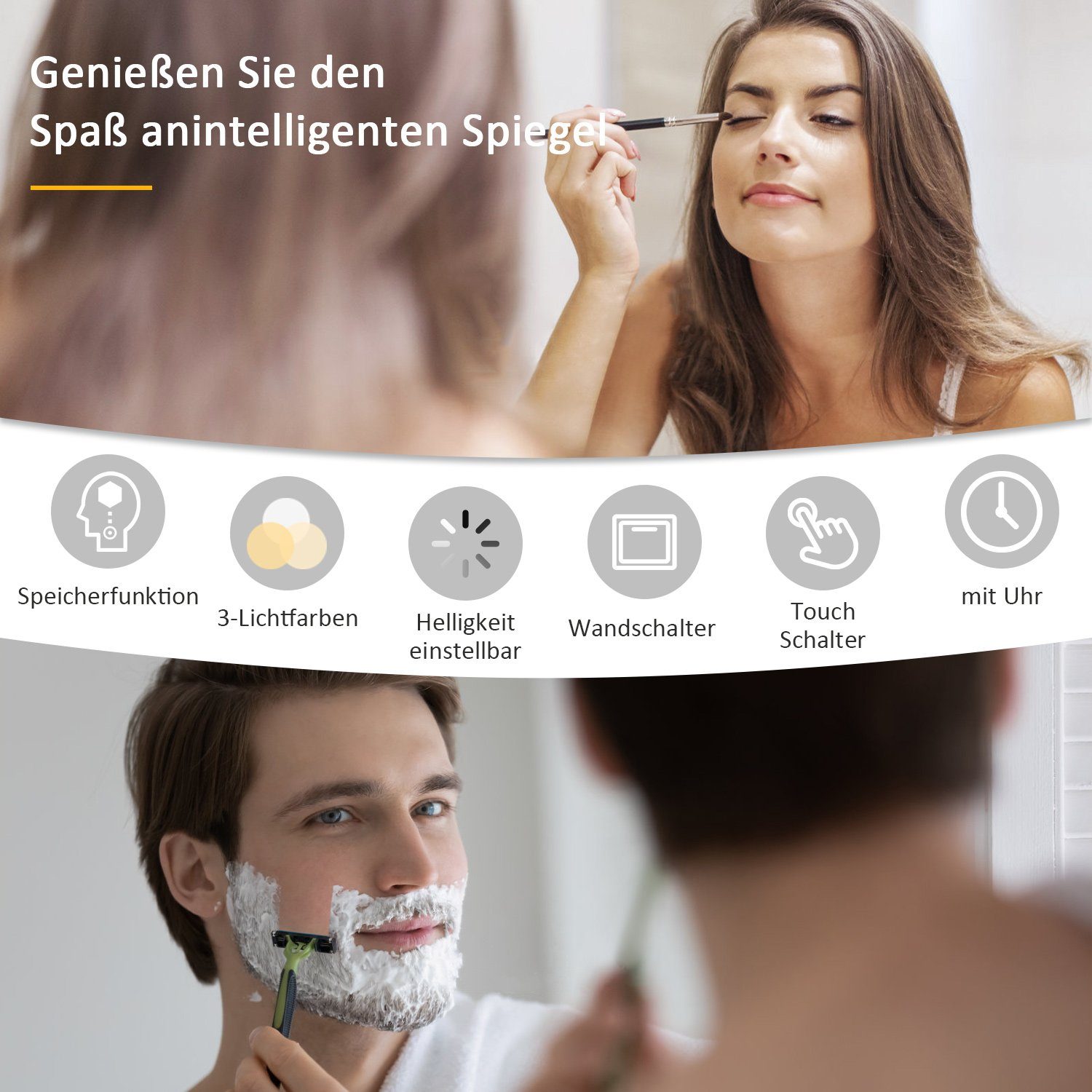 WDWRITTI Badspiegel Led Uhr dimmbar Touch Rund 60 cm Memory 3Lichtfarben (Spiegel Wandspiegel Led Badezimmer mit beleuchtung, Kaltweiß, Neutral, Warmweiß), Helligkeit dimmbar, energiesparender
