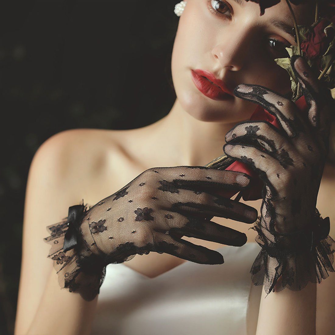 kurze Handschuhe Handschuhe Spitze mit Brautkleid Abendhandschuhe schwarze DÖRÖY