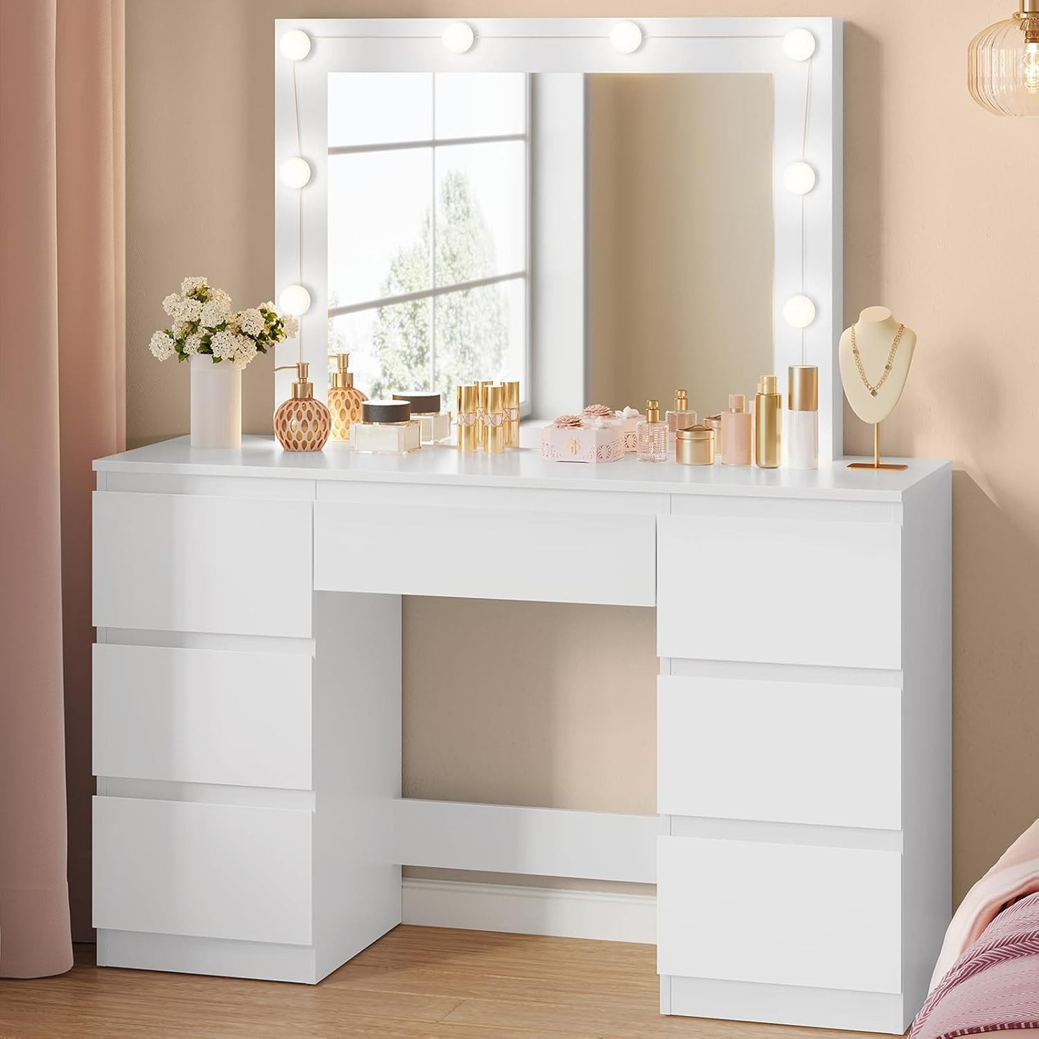Woltu Schminktisch (1-St), mit Spiegel und LED-Beleuchtung, 7 Schubladen