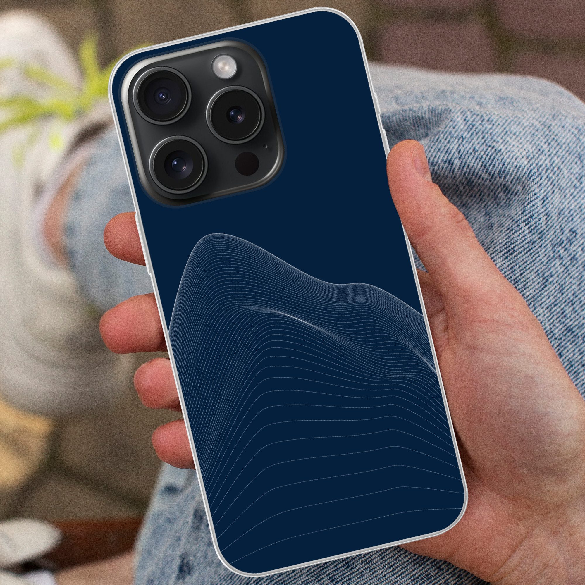 MuchoWow Handyhülle für Apple iPhone 15 Pro Linien - Abstrakt - Blau - Weiß, Smartphone-Bumper, Print, Handy Schutzhülle Dünn