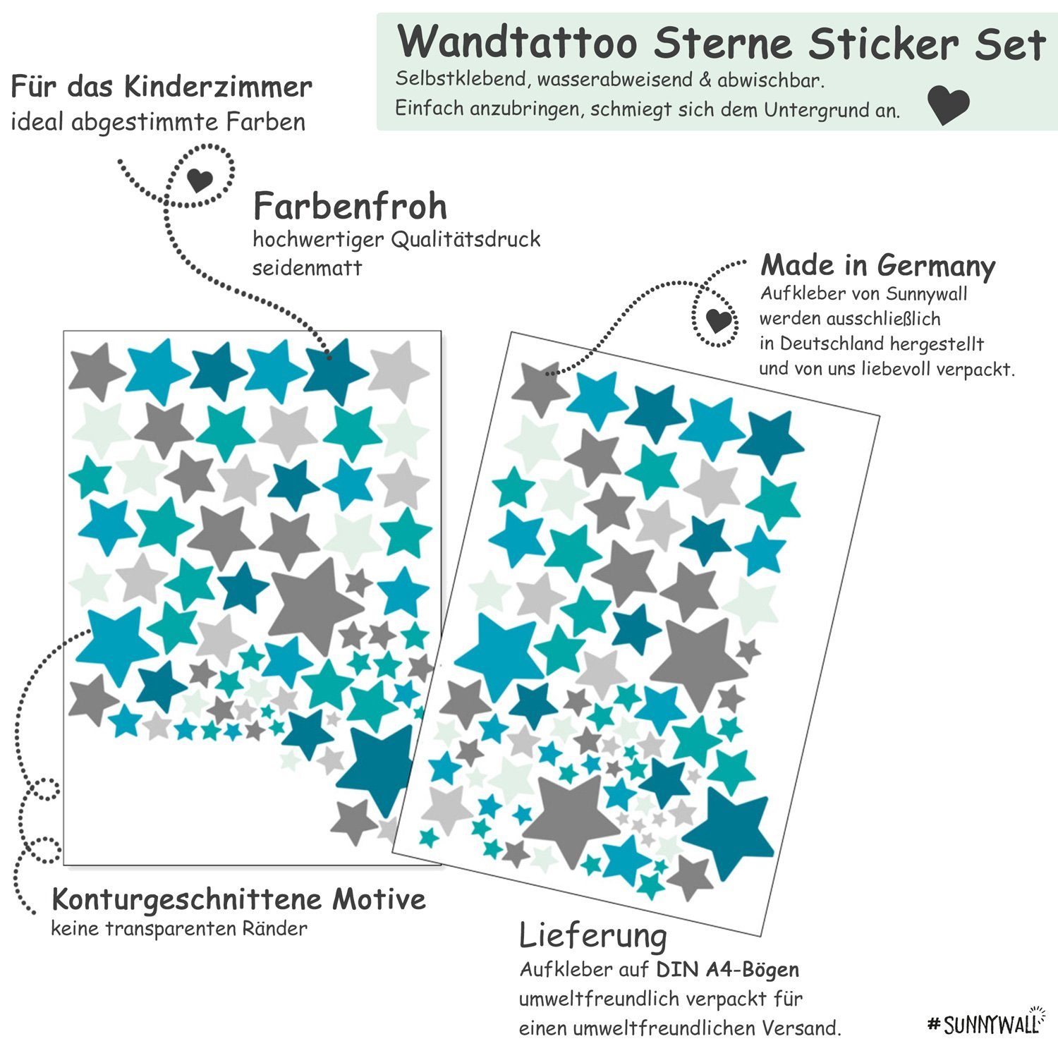 Sunnywall Wandtattoo Sterne Aufkleber Stars Wandsticker bunt, Sternenhimmel Wandtattoo, konturgeschnitten