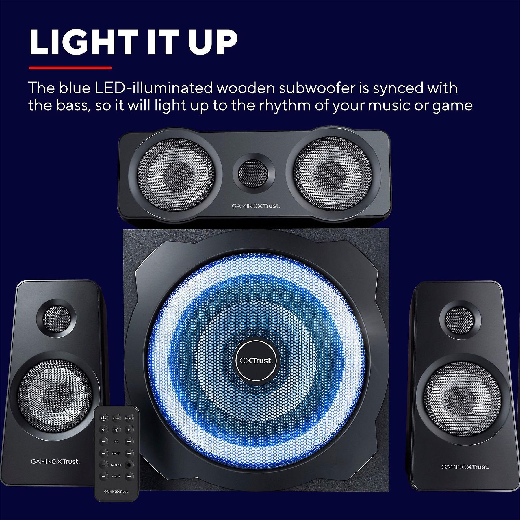 Trust LED + 658 kabelgebunden) Lautsprechersetsystem, Gaming Subwoofer (90 GXT Beleuchtung, 5.1 PC-Lautsprecher Tytan W, Blaue