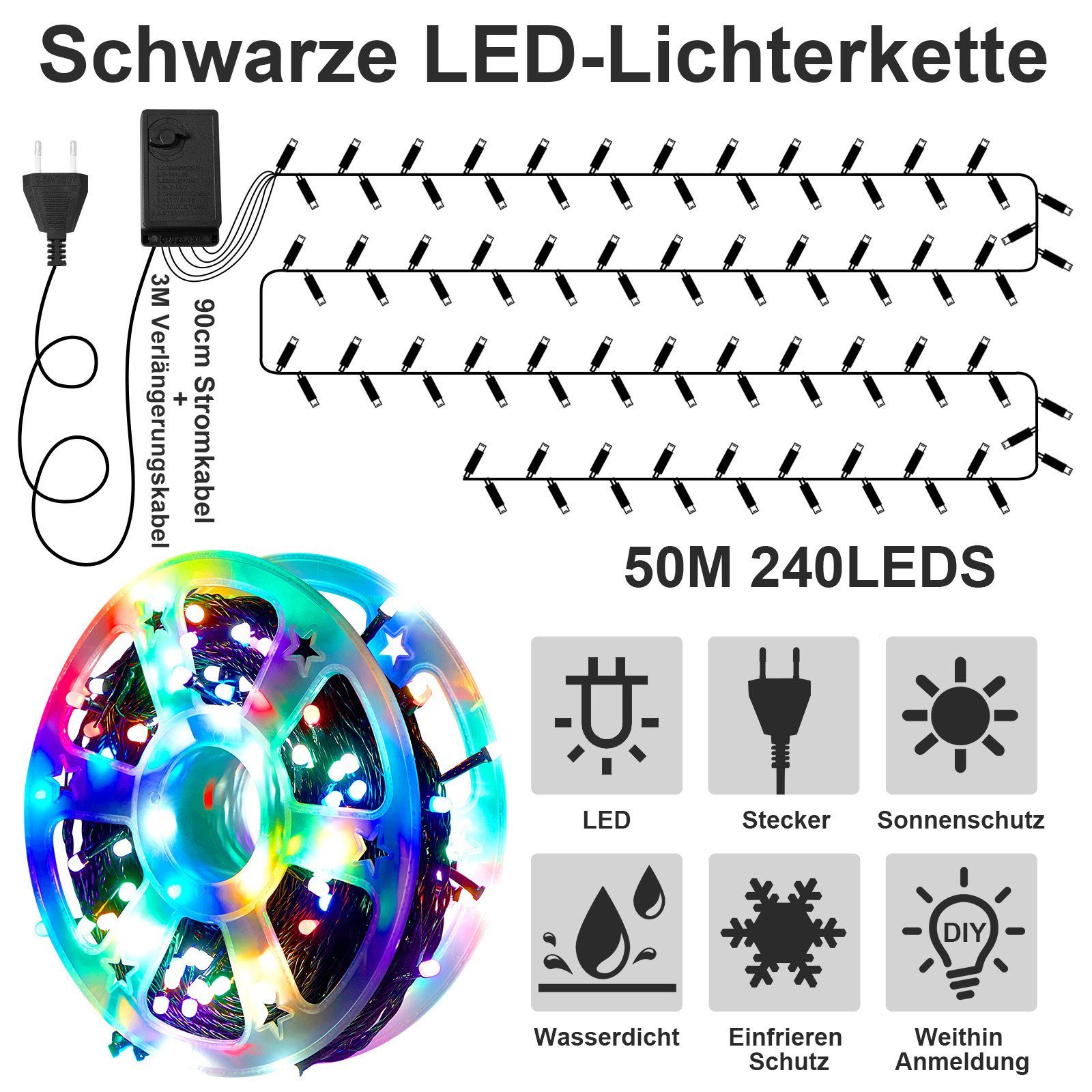 Rosnek LED-Lichterkette 50M, 240LEDs, Modi, Deko, für Weihnachtsbaum schwarzes 8 Garten Spulenverpackung wasserdicht, Multicolor Speicherfunktion, Kabel
