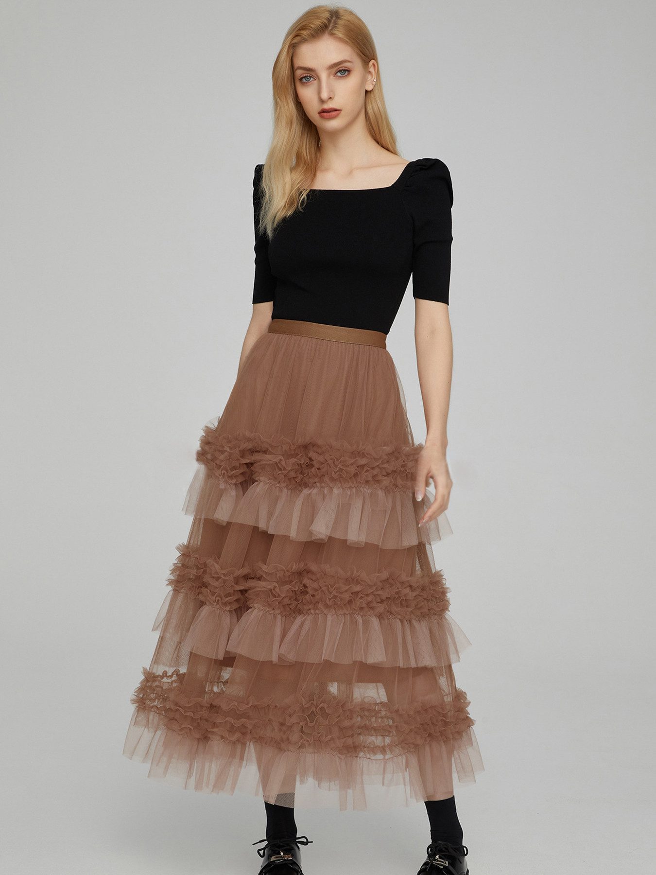 Meshrock Damen Frühling Herbst High Waist geschichteter Tüll-Tortenrock