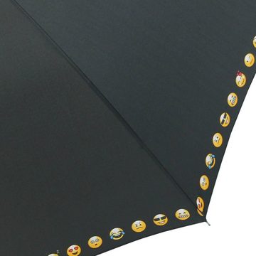 HAPPY RAIN Langregenschirm großer Regenschirm mit Auf-Automatik für Damen, bedruckt mit lustigen Smileys - schwarz Borte