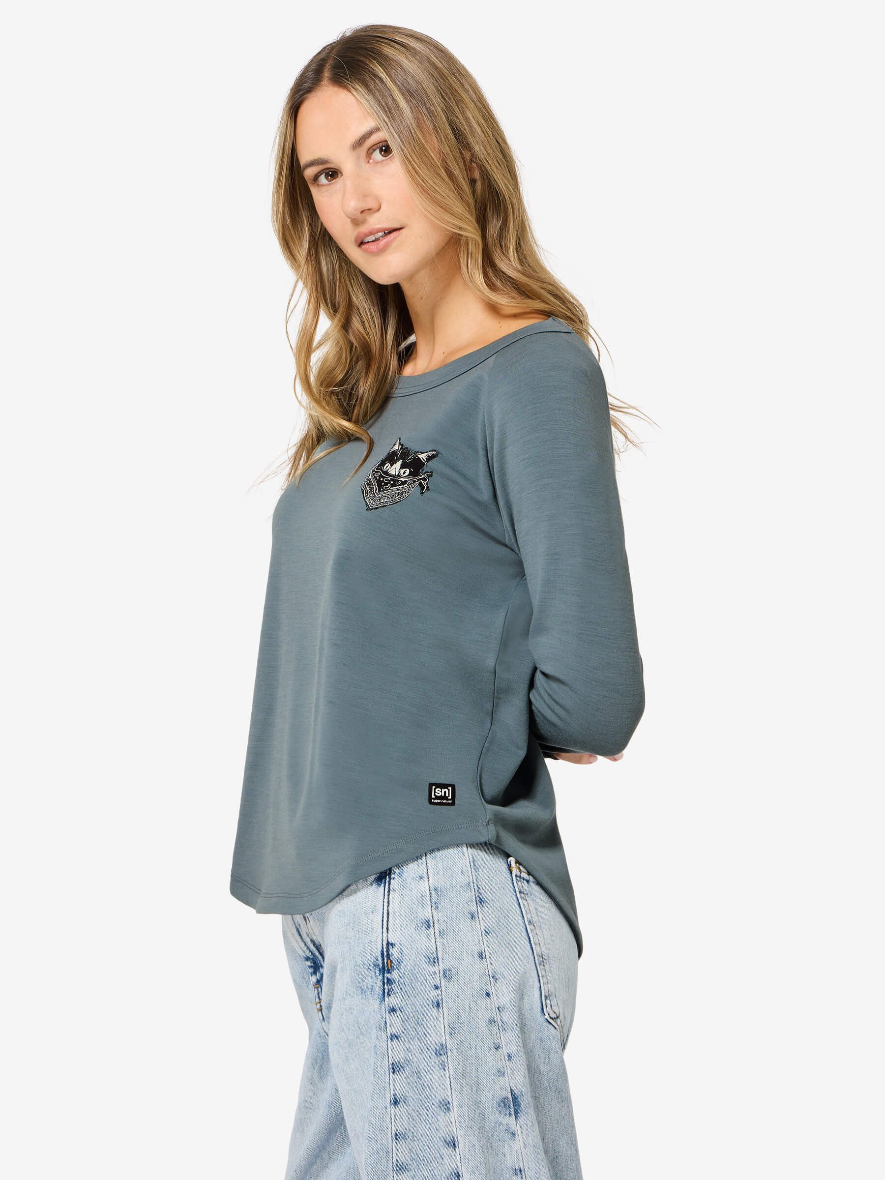 SUPER.NATURAL Sweatshirt für Damen,Merino W BANDITO CAT CREW mit Tier-Motiv, atmungsaktiv
