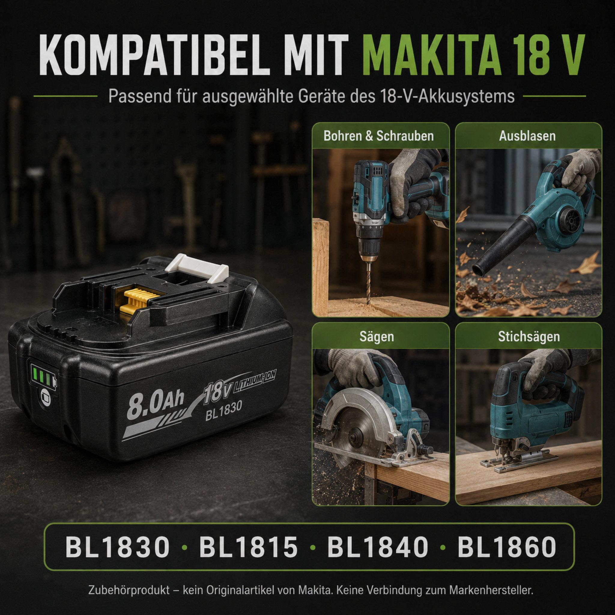 HS.SUPPLY Ersatzakku 18V 8000mAh kompatibel mit Makita BL1830 BL1840 BL1860 Akkupacks 18V 8Ah Li-Ion Ersatzakku Li-Ion 8000 mAh (18 V), Kein Memory-Effekt, wiederaufladbar