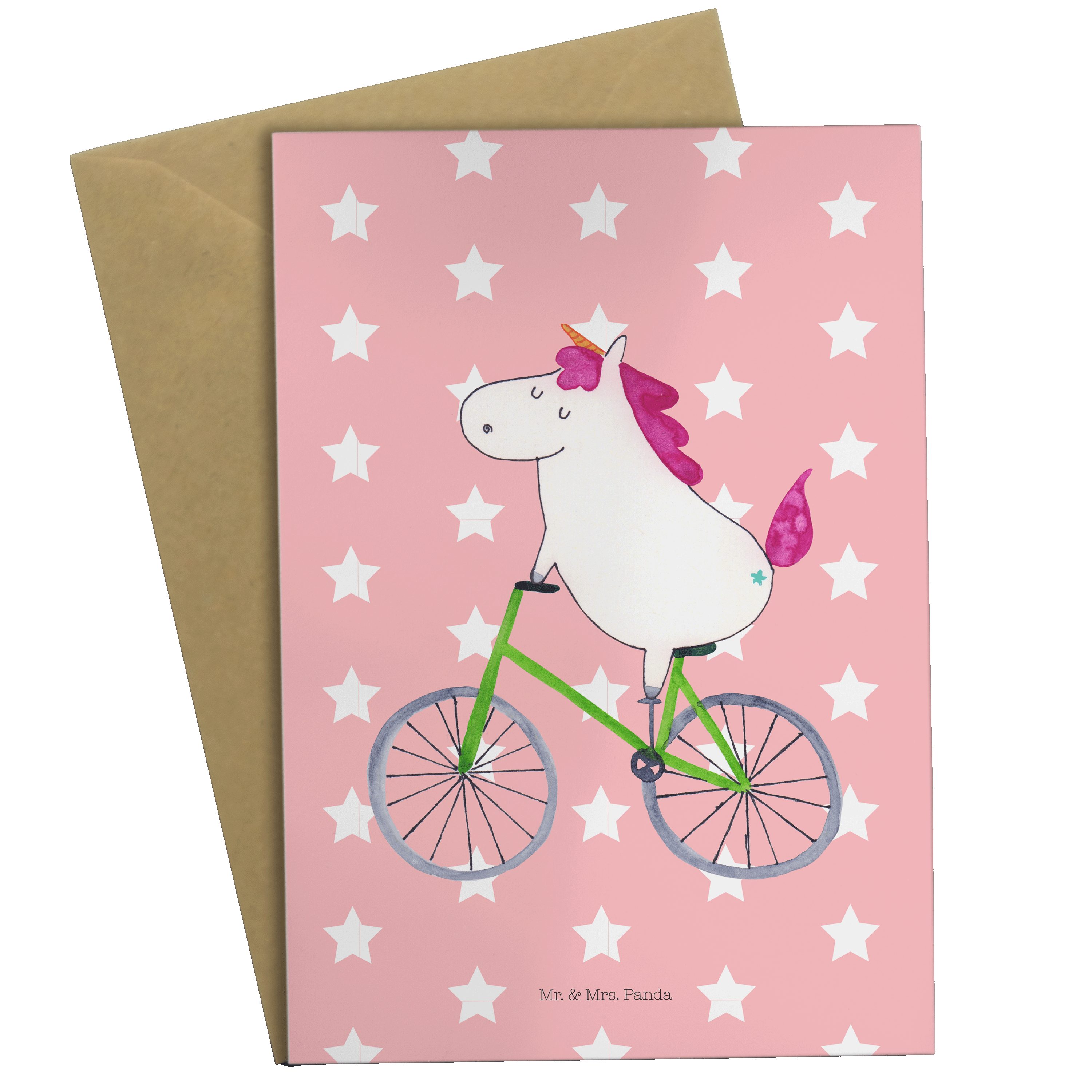 Mr. & Mrs. Panda Grußkarte Einhorn Radfahrer - Rot Pastell - Geschenk, Bike, Glückwunschkarte, K