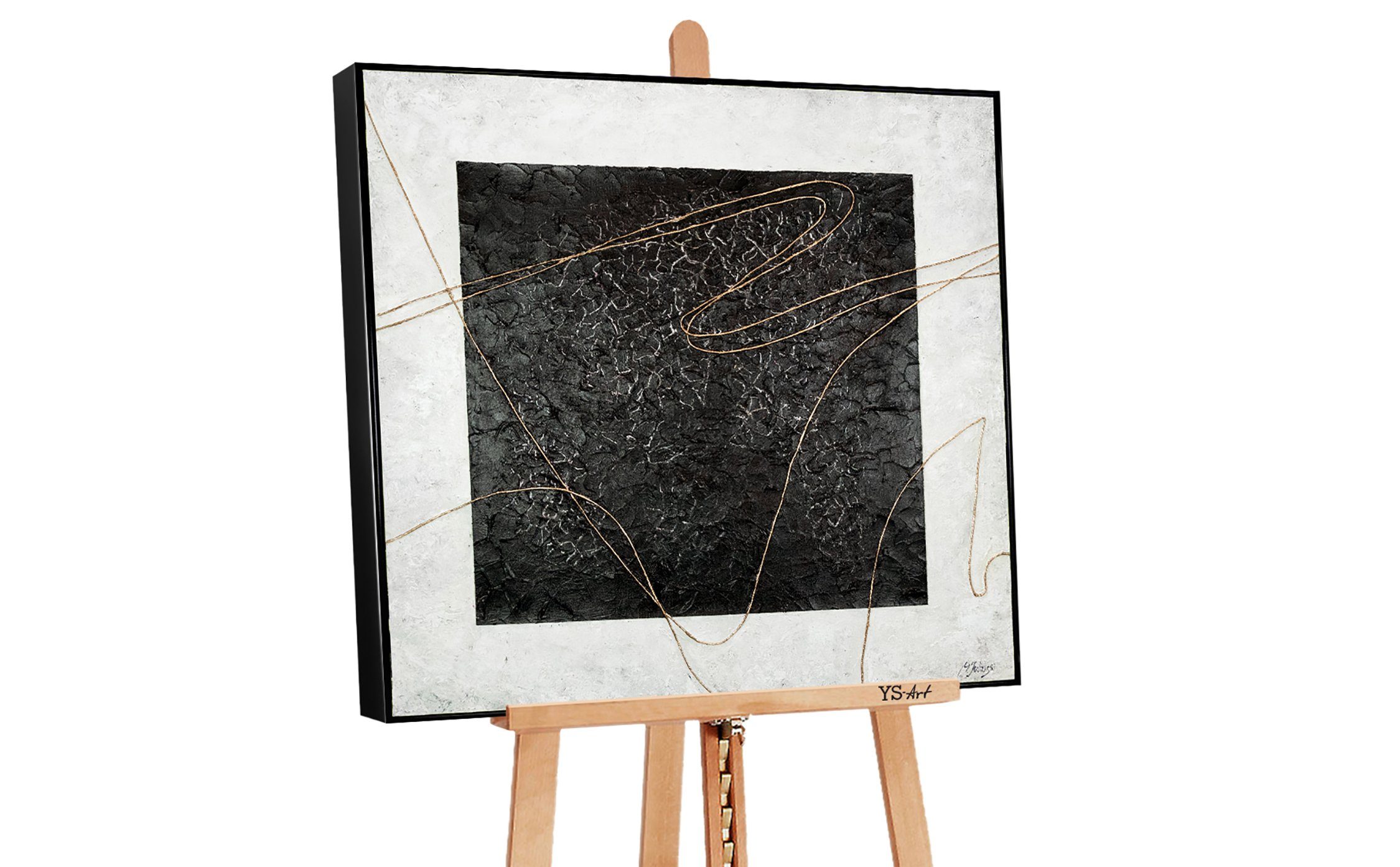 YS-Art Gemälde Quadratisch, Abstrakte Bilder, Quadratisches auf Leinwand Bild Handgemalt Abstrakt Gold mit Rahmen