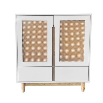 WISHDOR Sideboard Wohnzimmerschränke (2 Türen, 2 Schubladen), mit Türen aus Rattanimitat, Beine aus Massivholz, 80*40*86,5cm