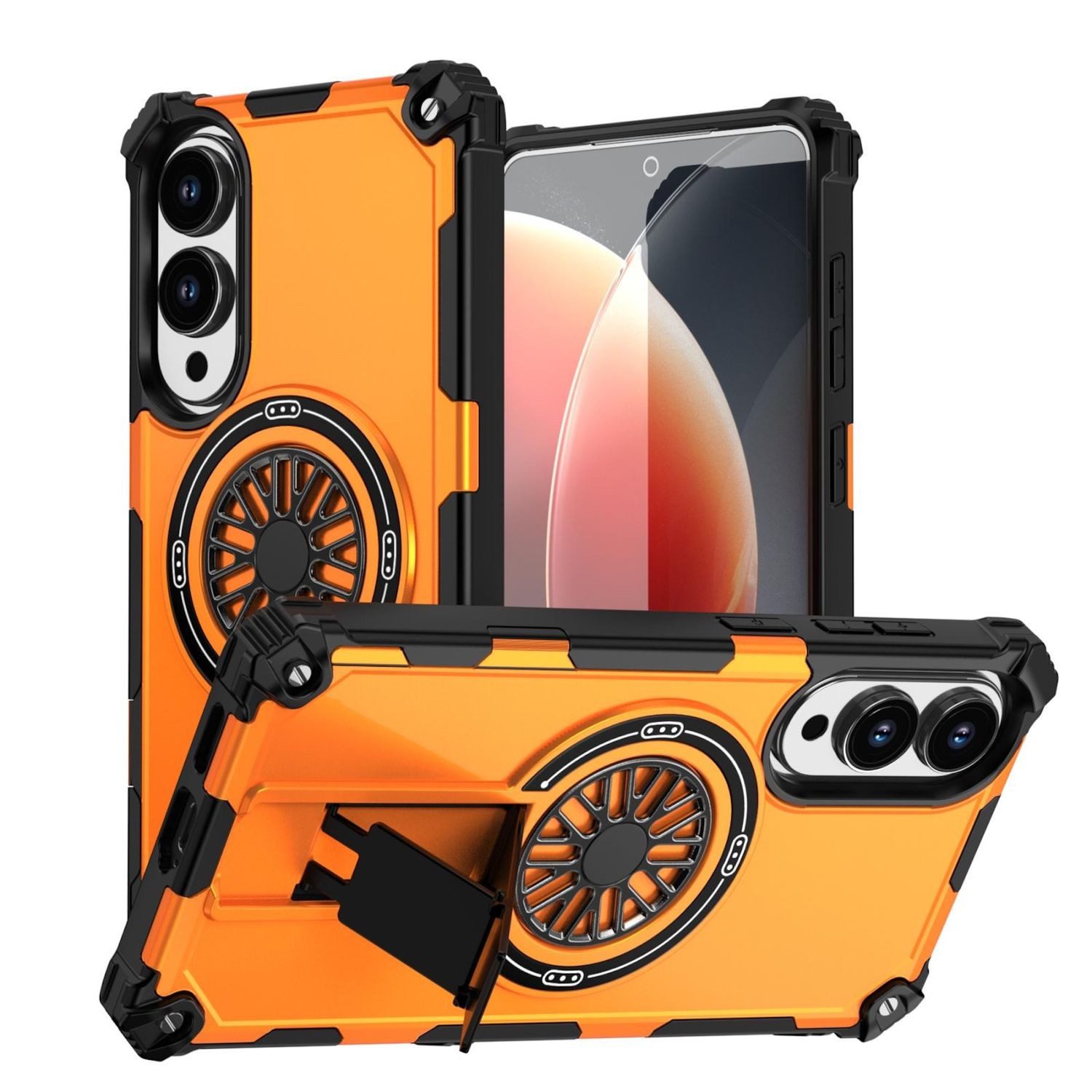 Wigento Handyhülle Für Samsung Galaxy S25 Edge MagSafe Hybrid Metall Ring Hülle Orange, MagSafe Hülle mit Kickstand und metallischem Dreh-Design