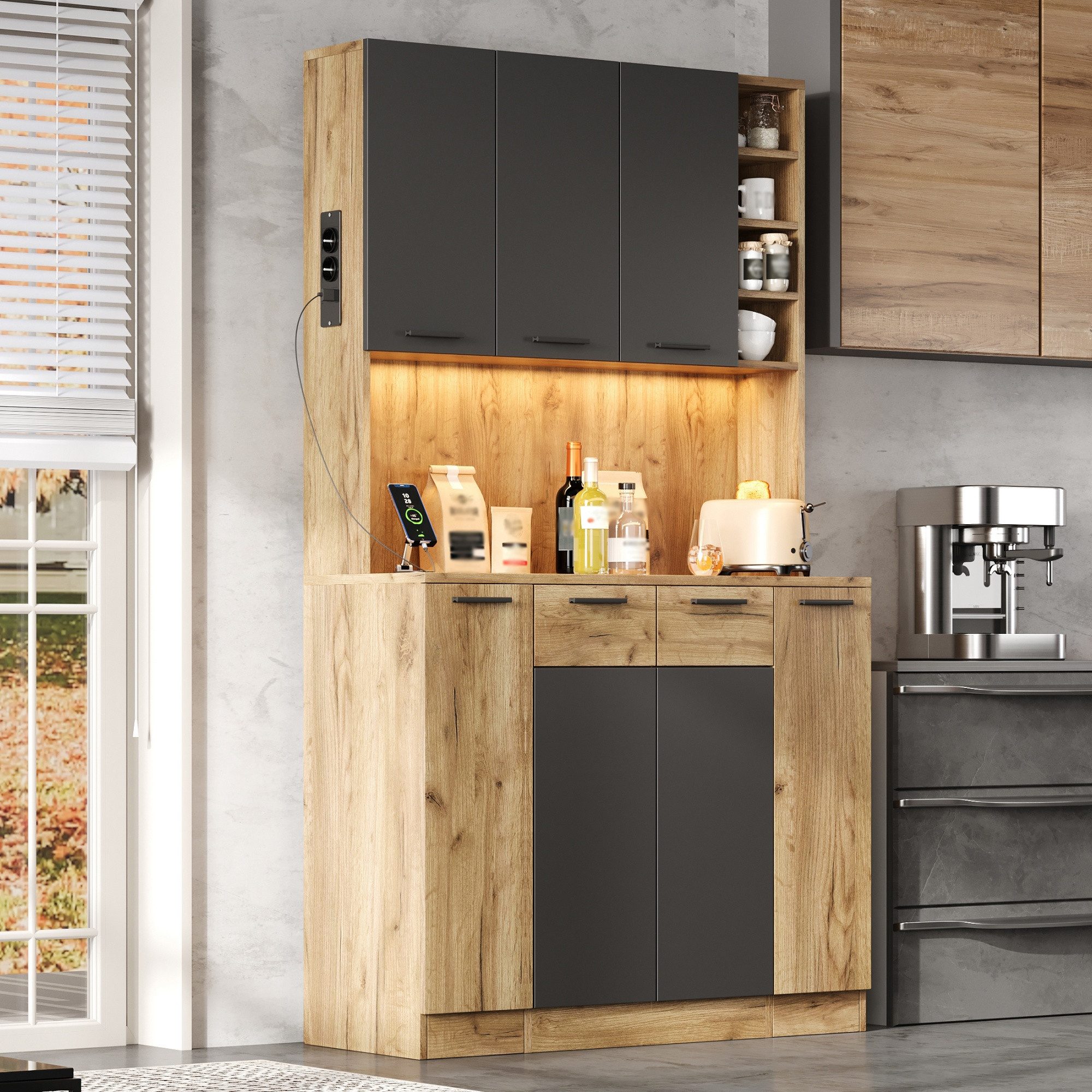 Flieks Küchenbuffet Hochschrank mit LED-Beleuchtung, Steckdose, 4-stöckiges Ausziehablagen (B100/T40/H180 cm, 1-St) Mehrzweckschrank Küchenschrank mit verstellb – Bild 2 von 5