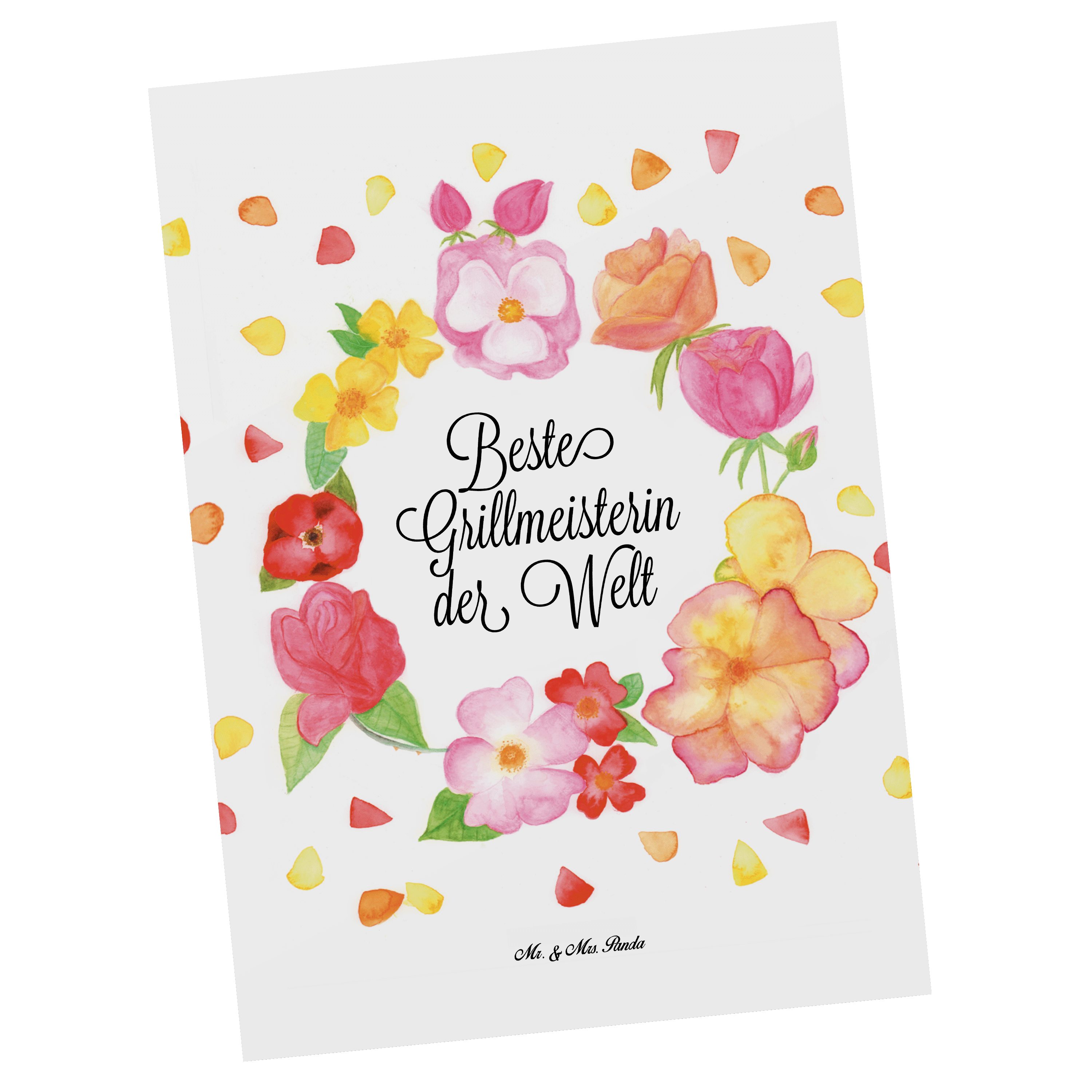Mrs. Mr. Panda & Grillmeisterin Blumen Geburtstagskarte, Geschenk, Postkarte Bratwurst, - Weiß -