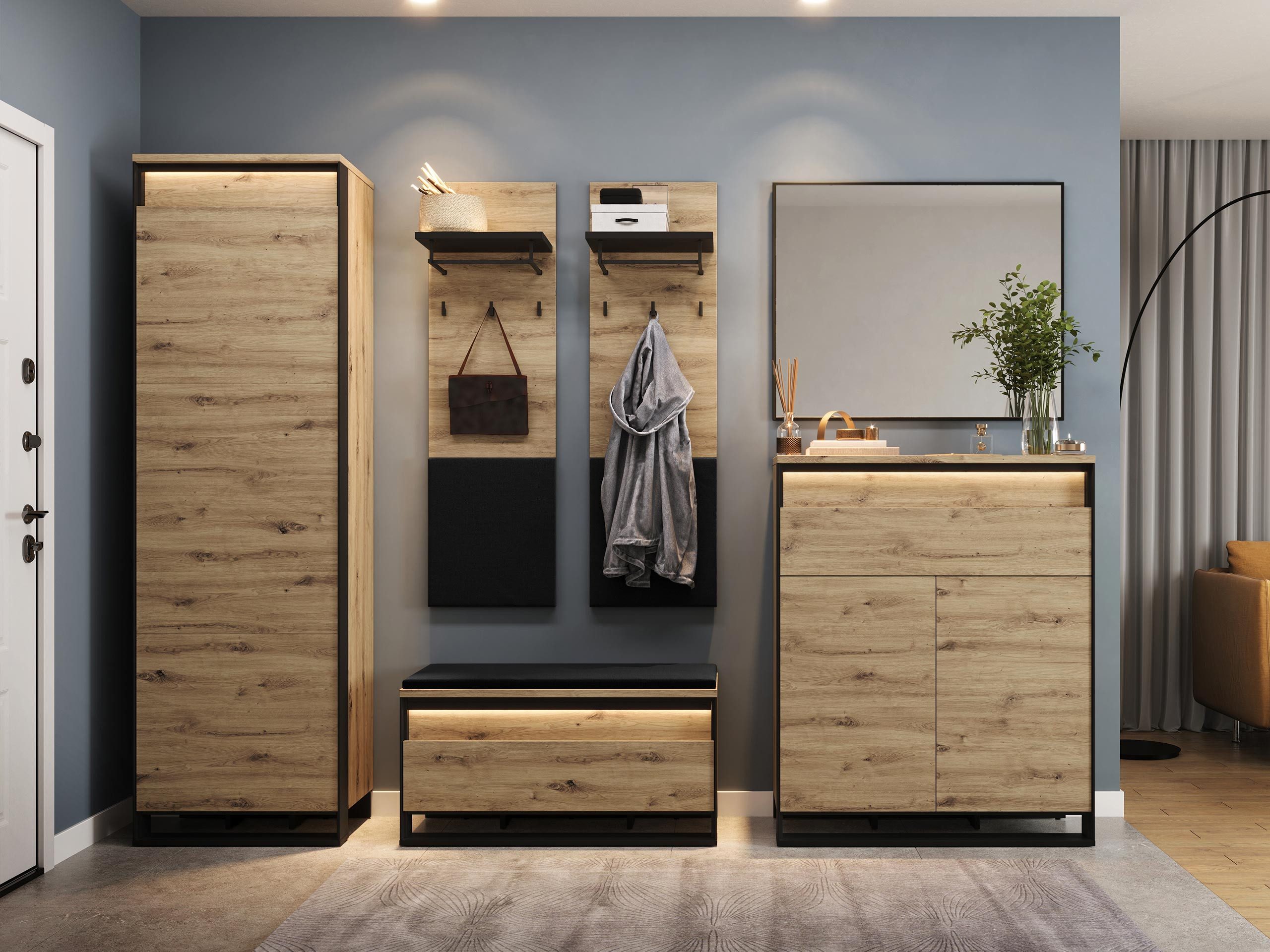 MIRJAN24 Garderoben-Set Quant VII, (6er-Set, Kleiderschrank, Kommode, Schrank, Spiegel, 2x Kleiderhaken), mit LED-Beleuchtung