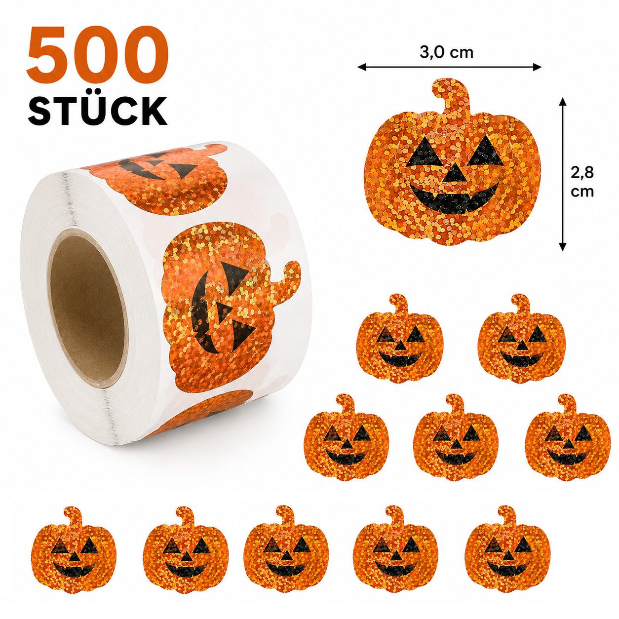 Ware aus aller Welt Sticker 500 Halloween Sticker Kürbis Glitzer Aufkleber selbstklebend, (500-tlg)