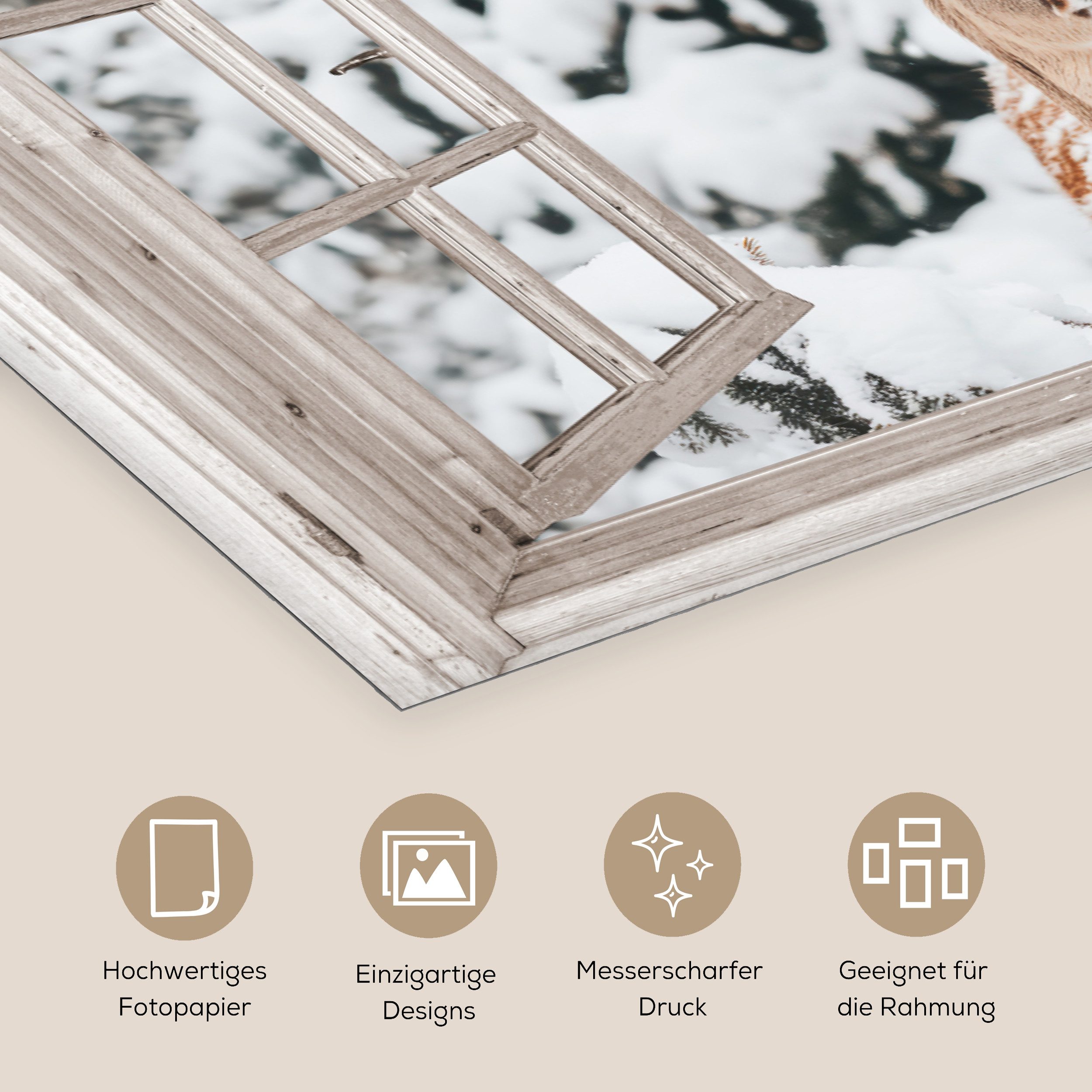 MuchoWow Poster Durchgucken - Hirsch - Schnee - Winter - Wald - Tiere - Natur, (1 St), Poster ohne Rahmen, Wandbild, Wandposter, 30x20 cm